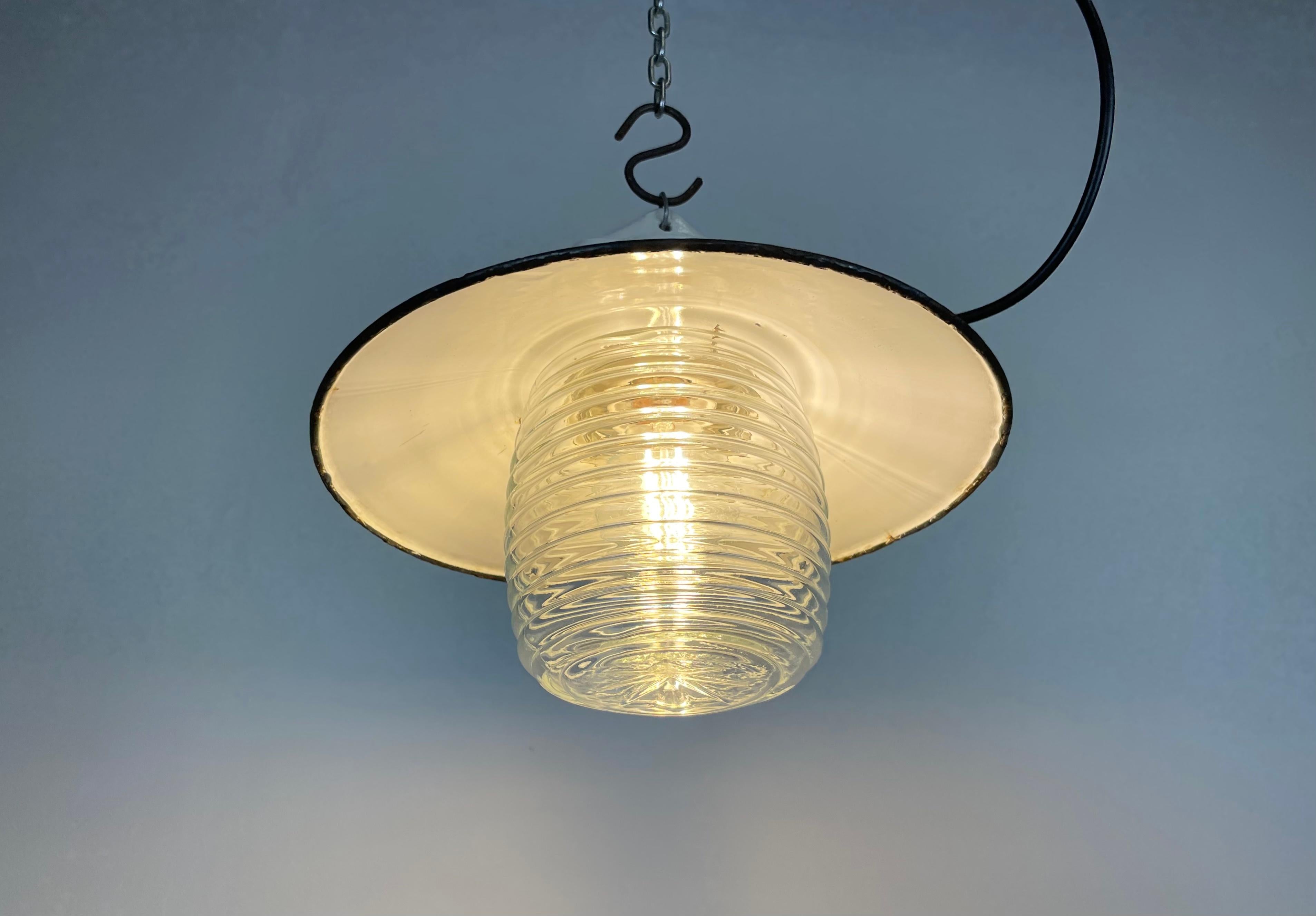 Industrial Porcelain Blue Enamel Pendant Light with Ribbed Clear Glass, 1970s 2