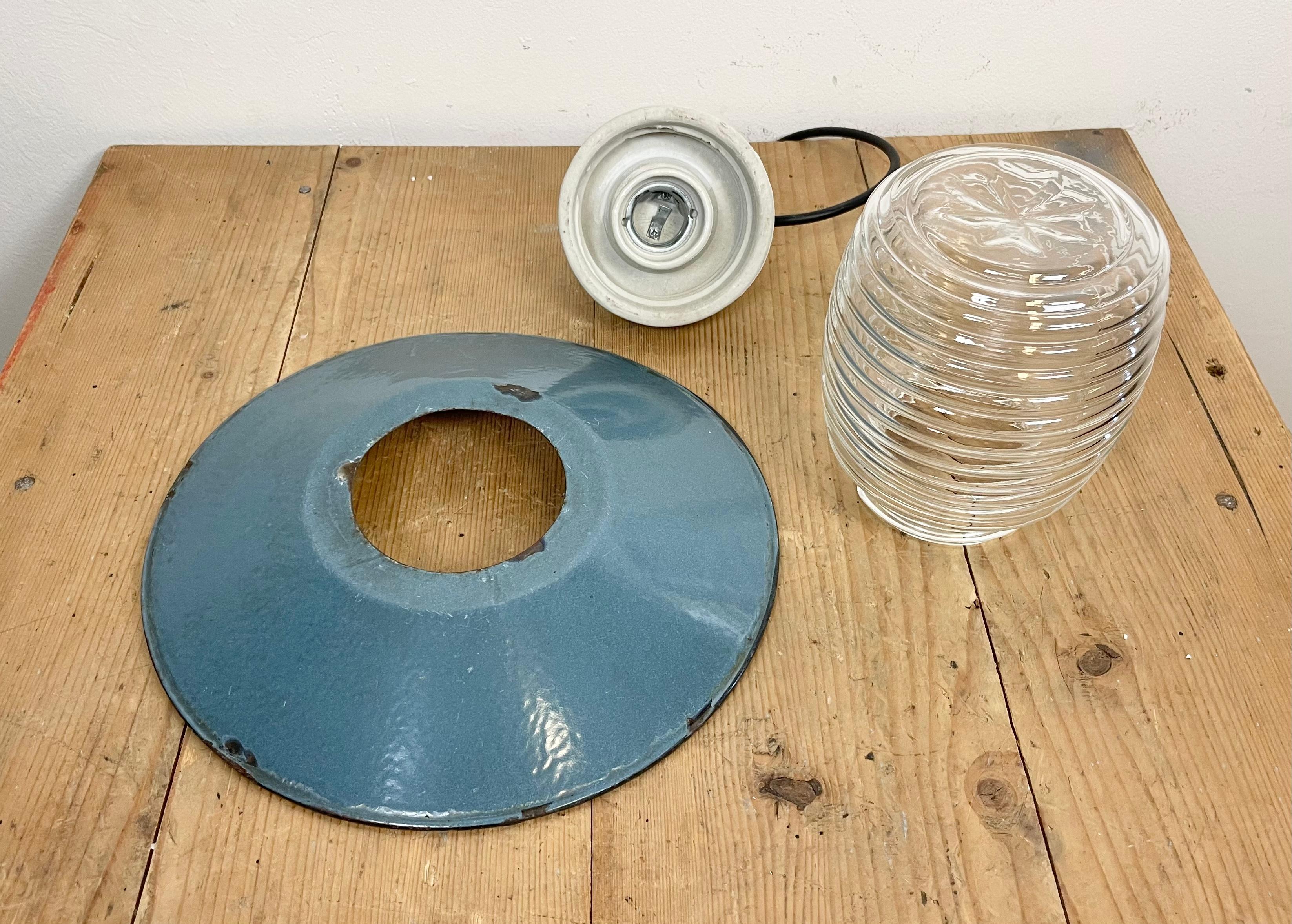Industrial Porcelain Blue Enamel Pendant Light with Ribbed Clear Glass, 1970s 4