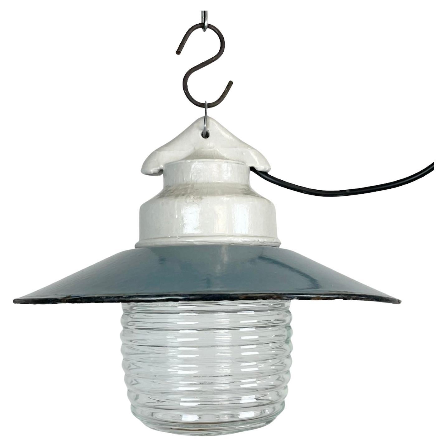 Industrial Porcelain Blue Enamel Pendant Light with Ribbed Clear Glass, 1970s