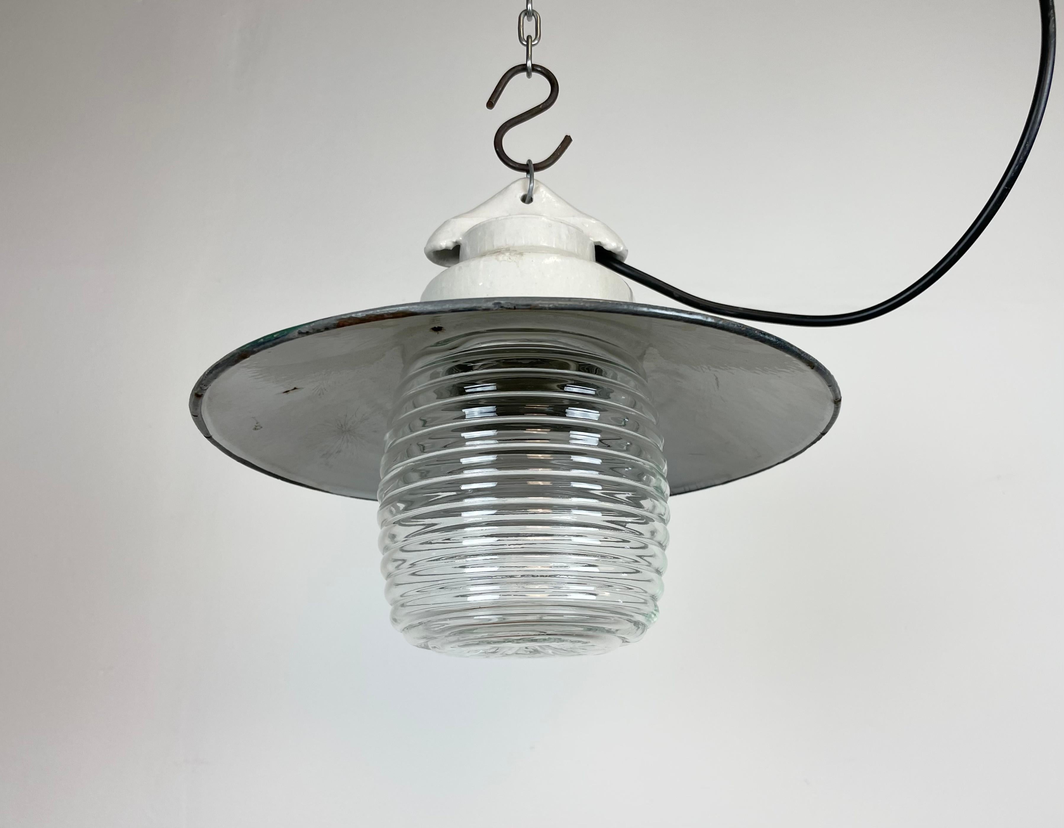 Late 20th Century Industrial Porcelain Green Enamel Pendant Light with Ribbed Clear Glass, 1970s