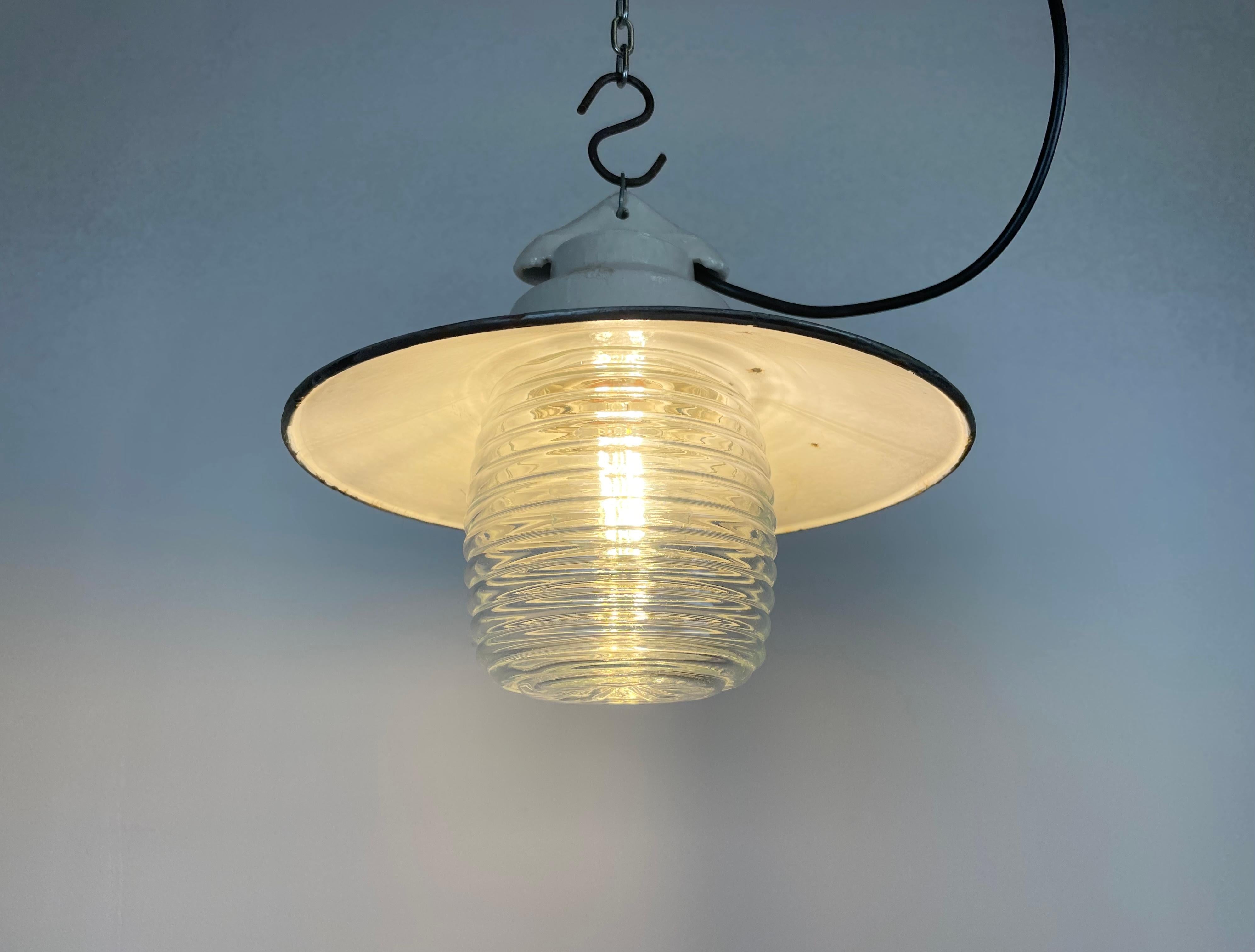 Industrial Porcelain Green Enamel Pendant Light with Ribbed Clear Glass, 1970s 1