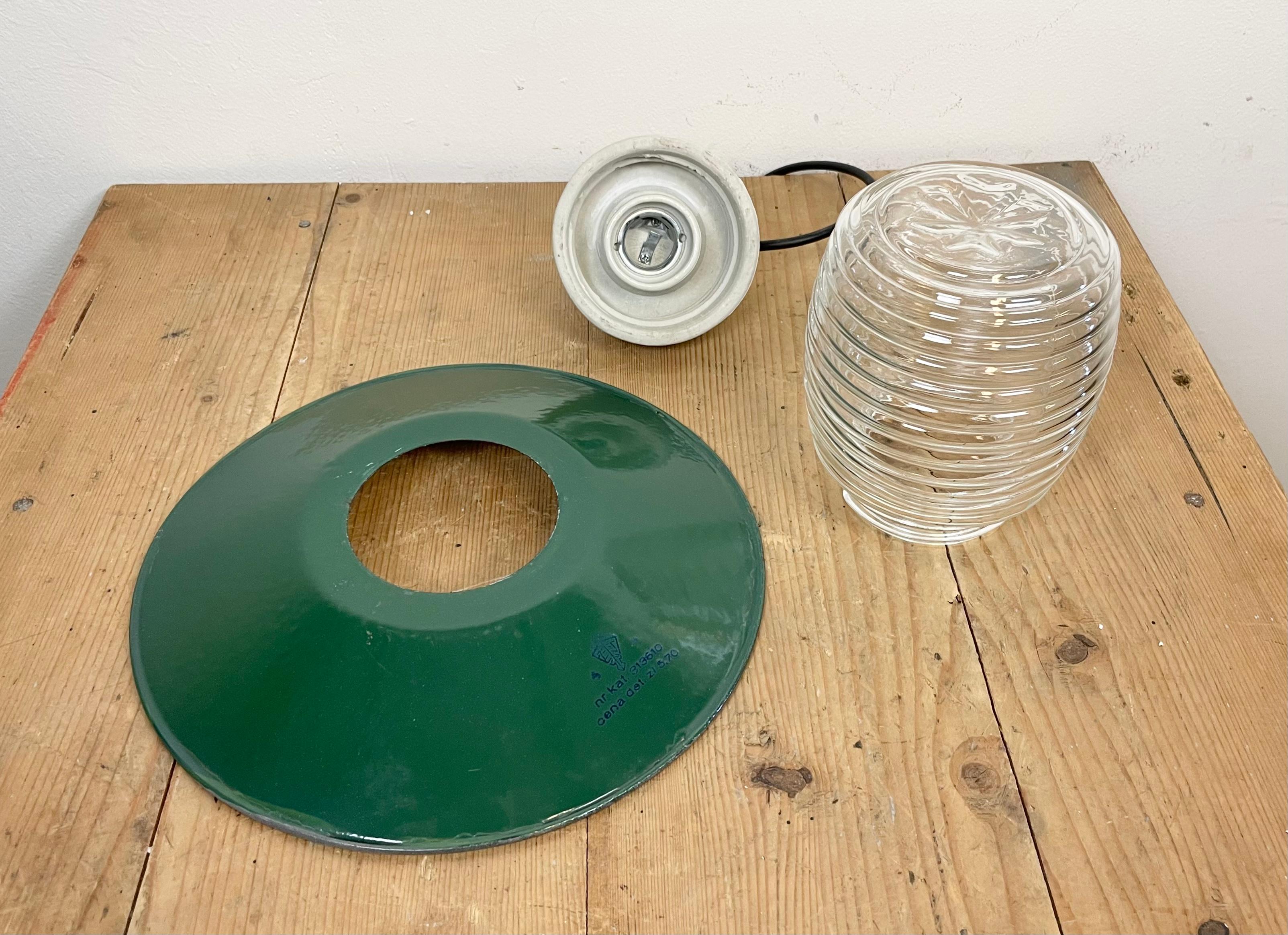 Industrial Porcelain Green Enamel Pendant Light with Ribbed Clear Glass, 1970s 2