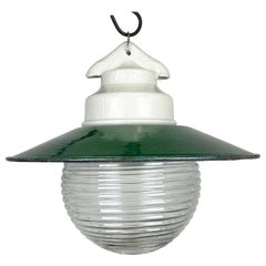 Industrial Porcelain Green Enamel Pendant Light with Ribbed Clear Glass, 1970s