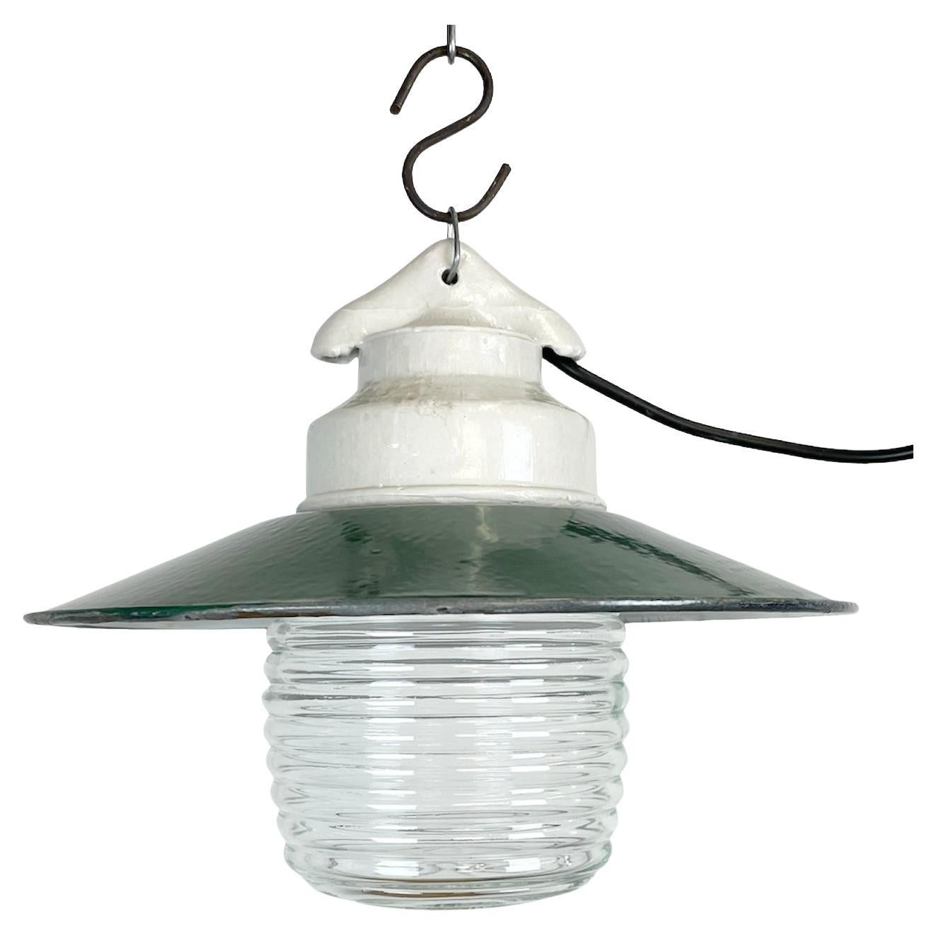Industrial Porcelain Green Enamel Pendant Light with Ribbed Clear Glass, 1970s