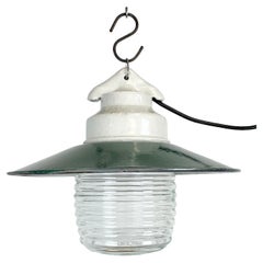 Industrial Porcelain Green Enamel Pendant Light with Ribbed Clear Glass, 1970s