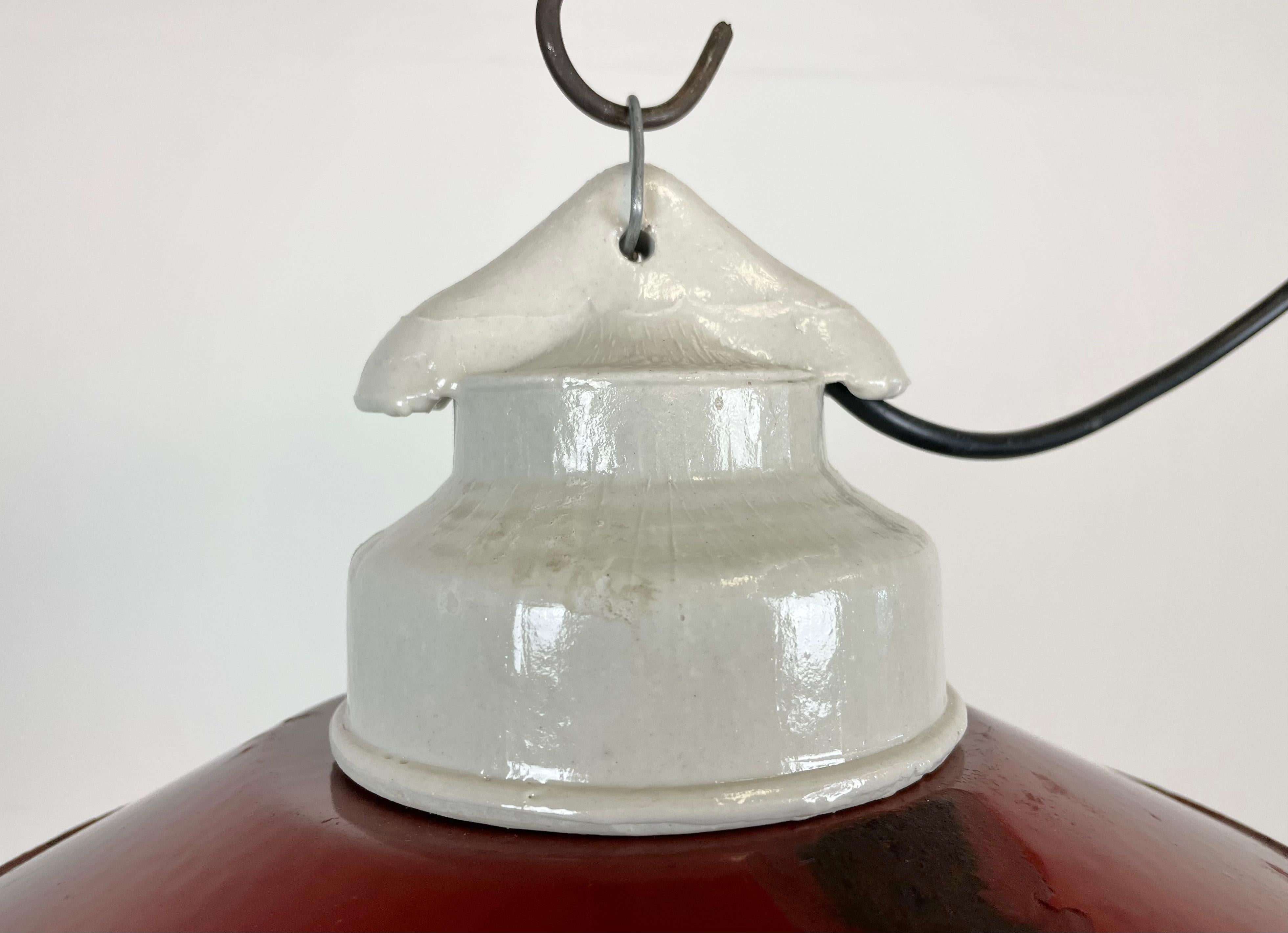 Czech Industrial Porcelain Red Enamel Pendant Light with Ribbed Clear Glass, 1970s