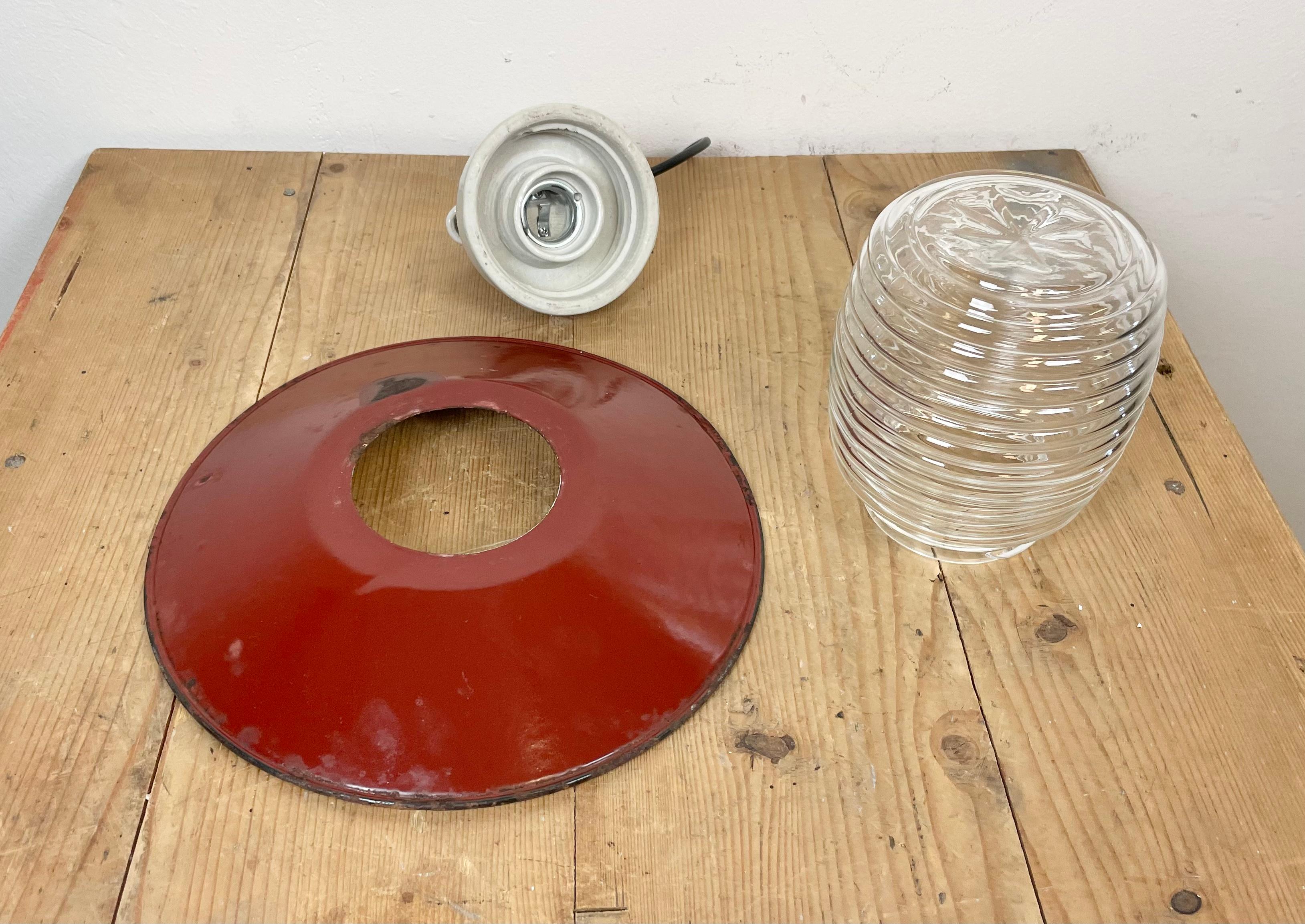 Industrial Porcelain Red Enamel Pendant Light with Ribbed Clear Glass, 1970s 3
