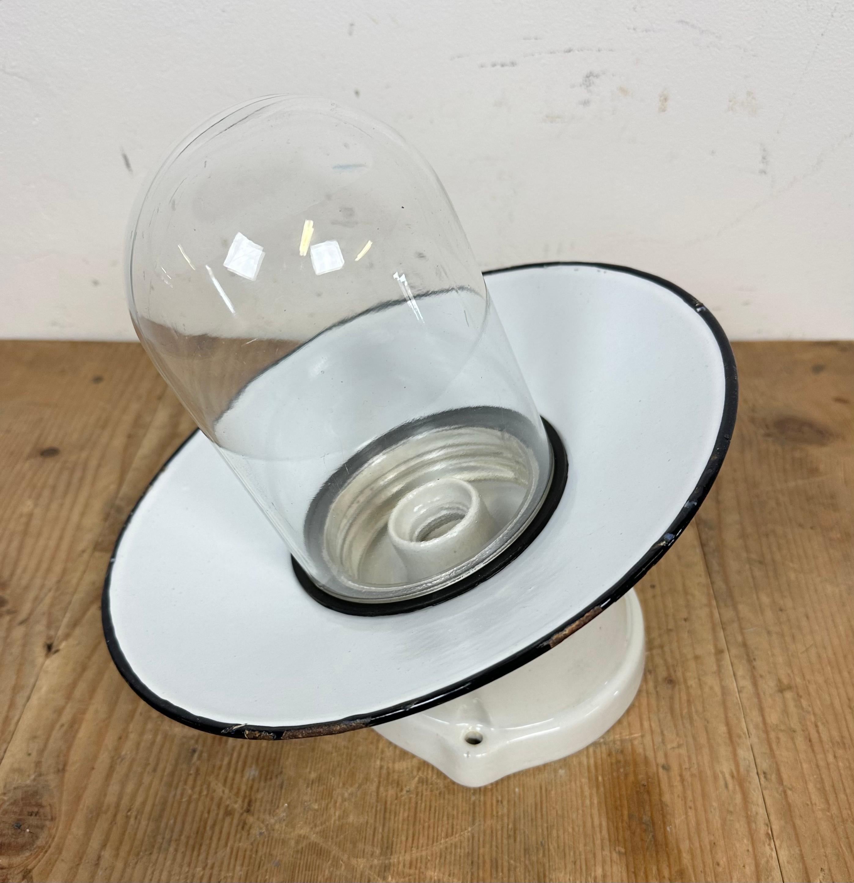 Industrial Porcelain White Enamel Wall Light with Clear Glass, 1960s 5