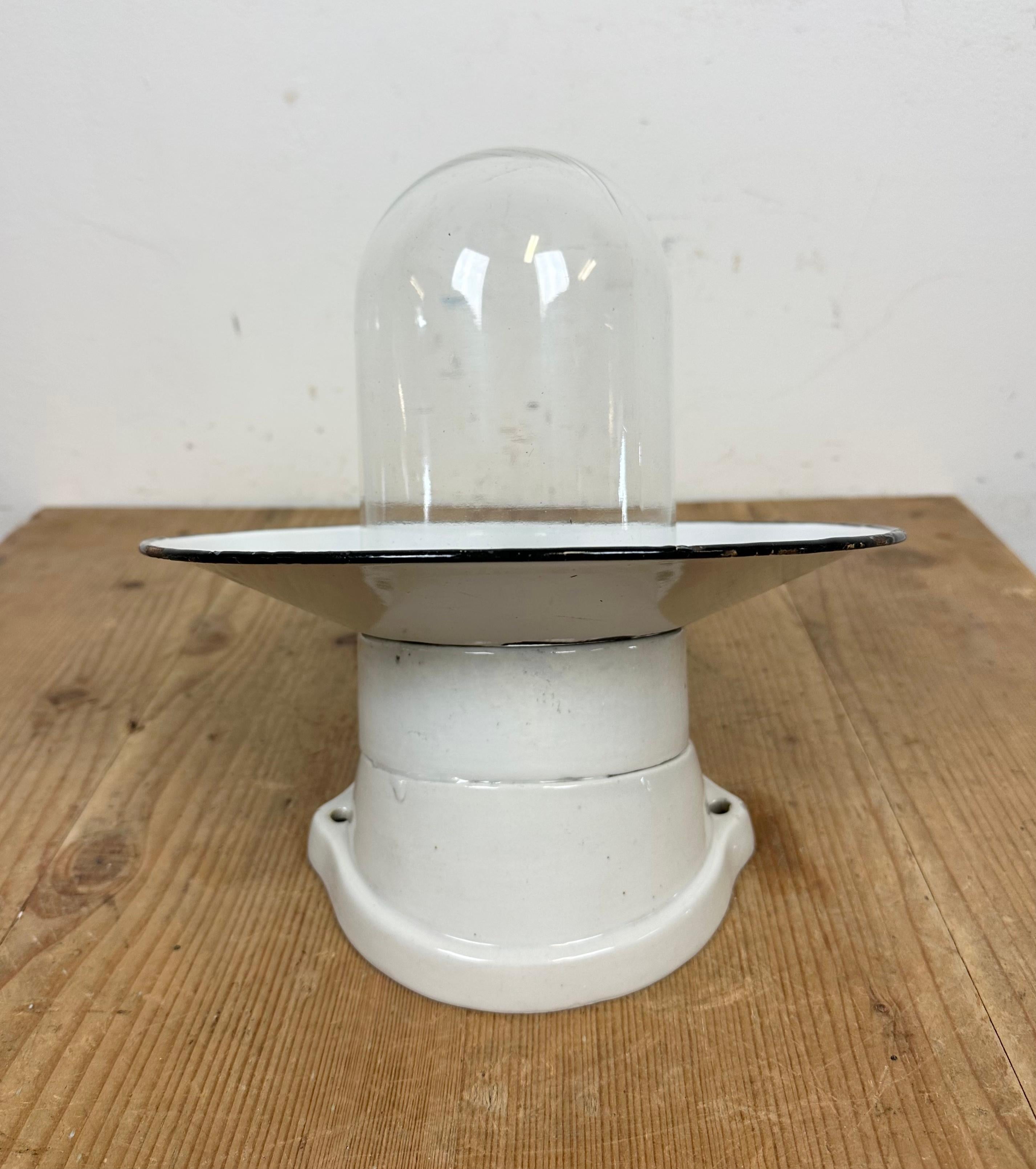Industrial Porcelain White Enamel Wall Light with Clear Glass, 1960s 10