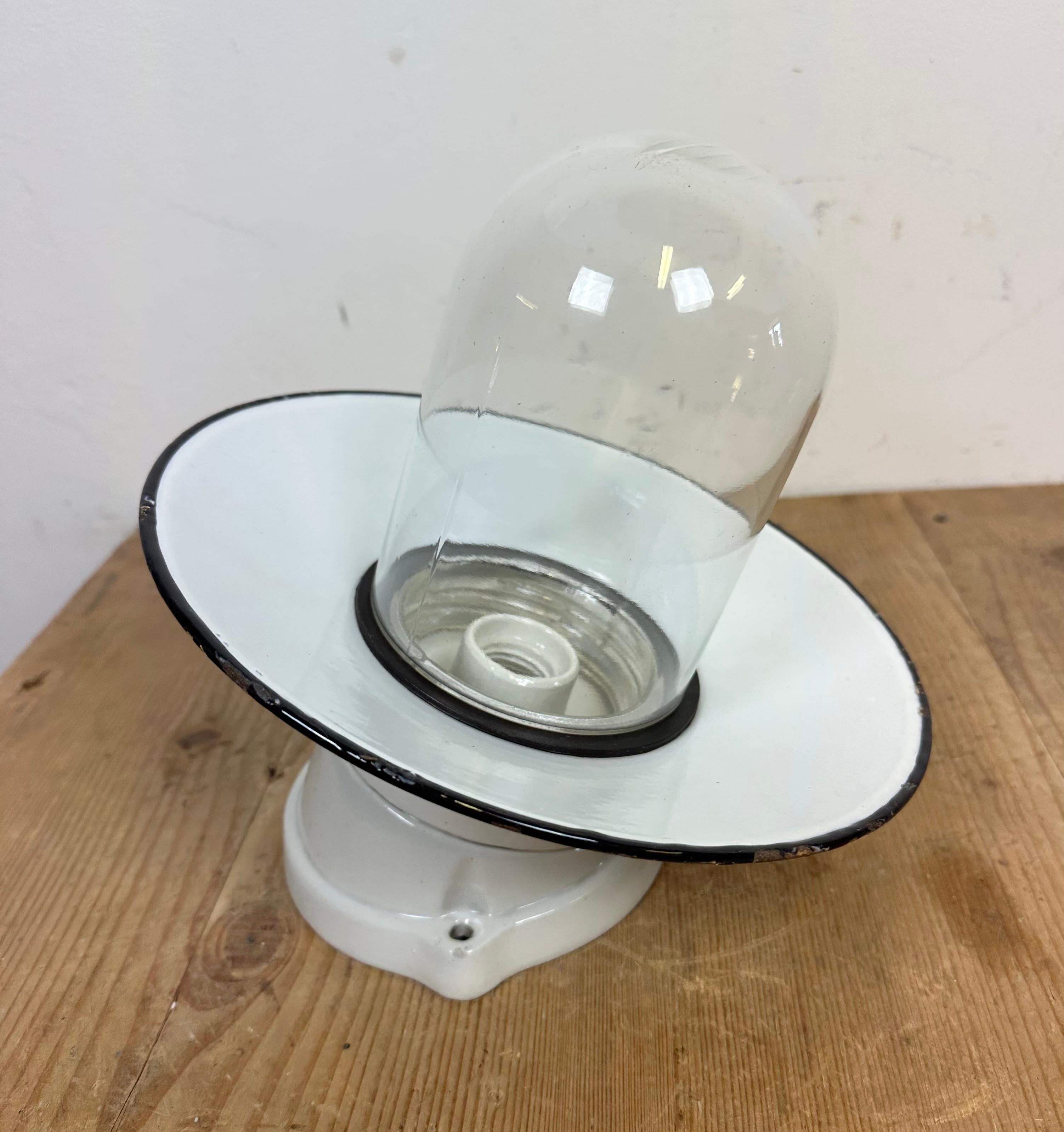 20th Century Industrial Porcelain White Enamel Wall Light with Clear Glass, 1960s