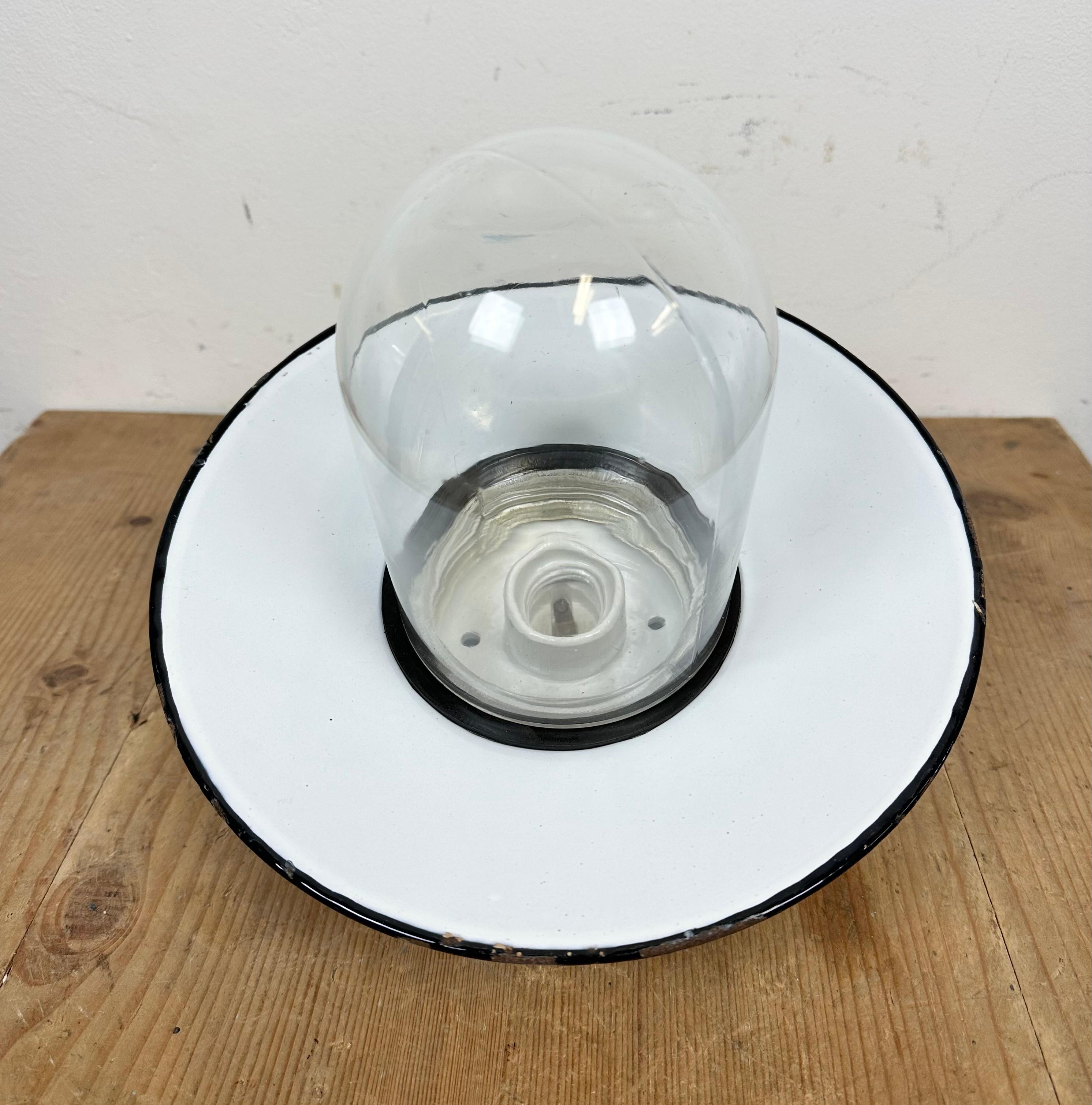 Industrial Porcelain White Enamel Wall Light with Clear Glass, 1960s 2