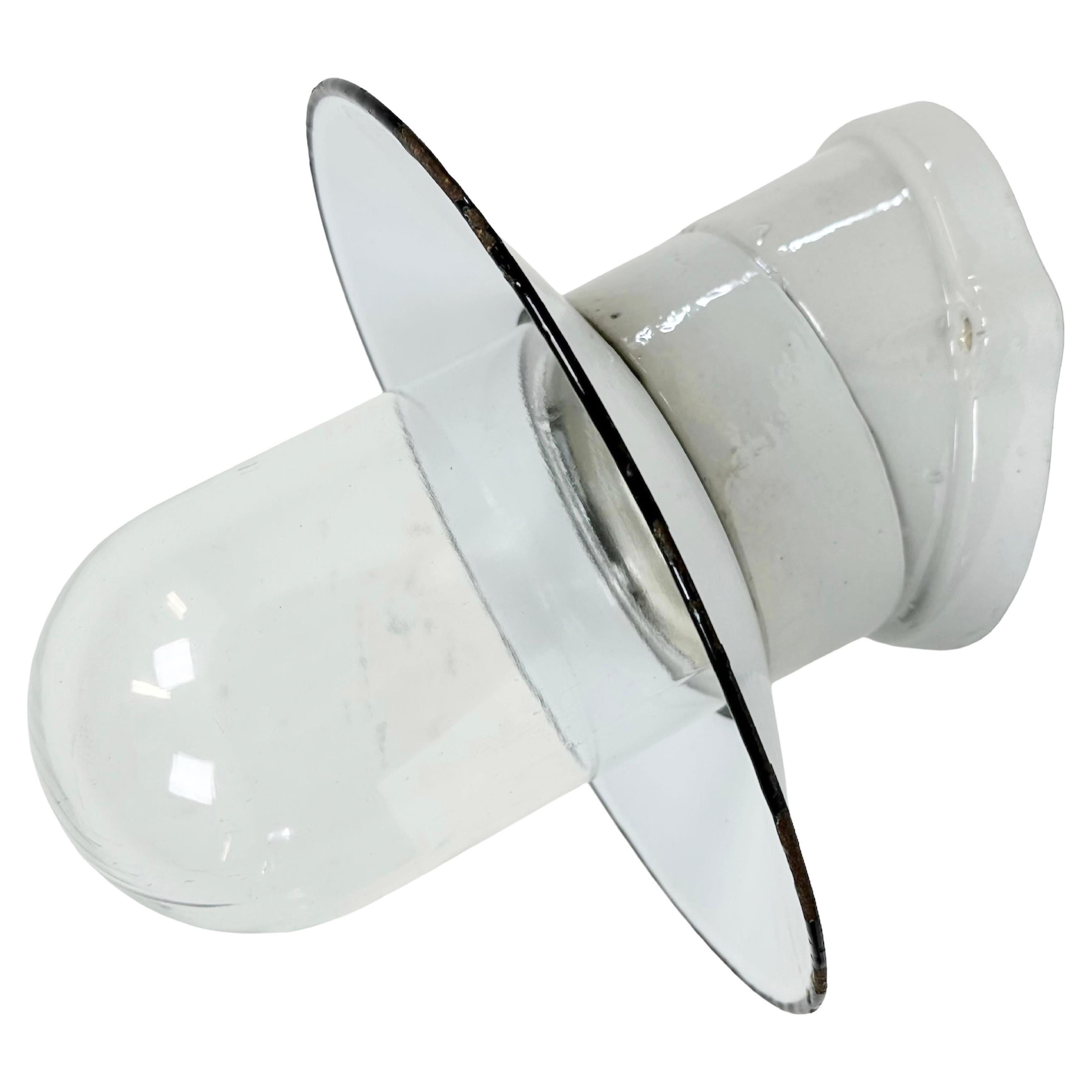 Industrial Porcelain White Enamel Wall Light with Clear Glass, 1960s