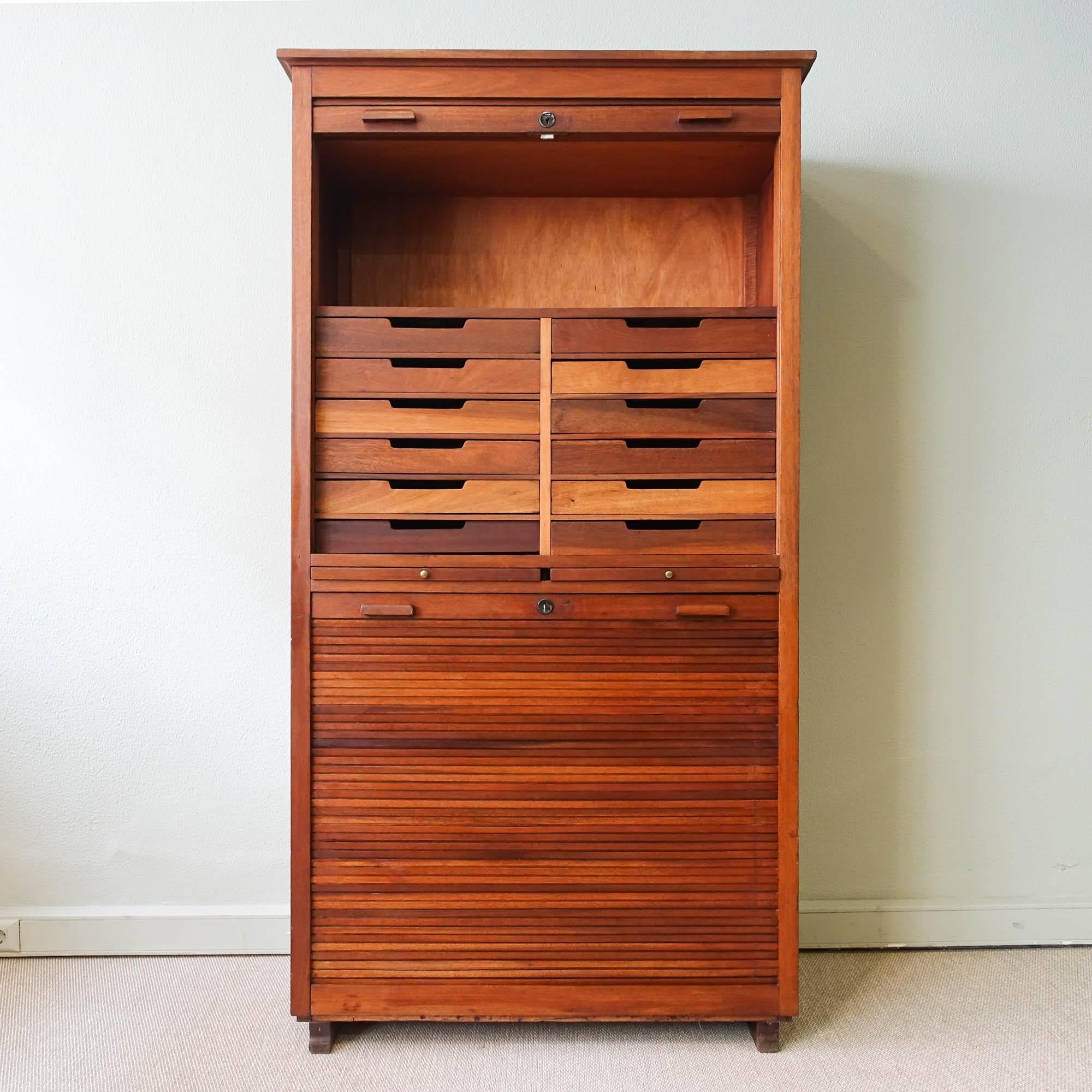Mid-Century Modern Industrial Portuguese Oak Tambour Door Filing Cabinet from Olaio, 1940s