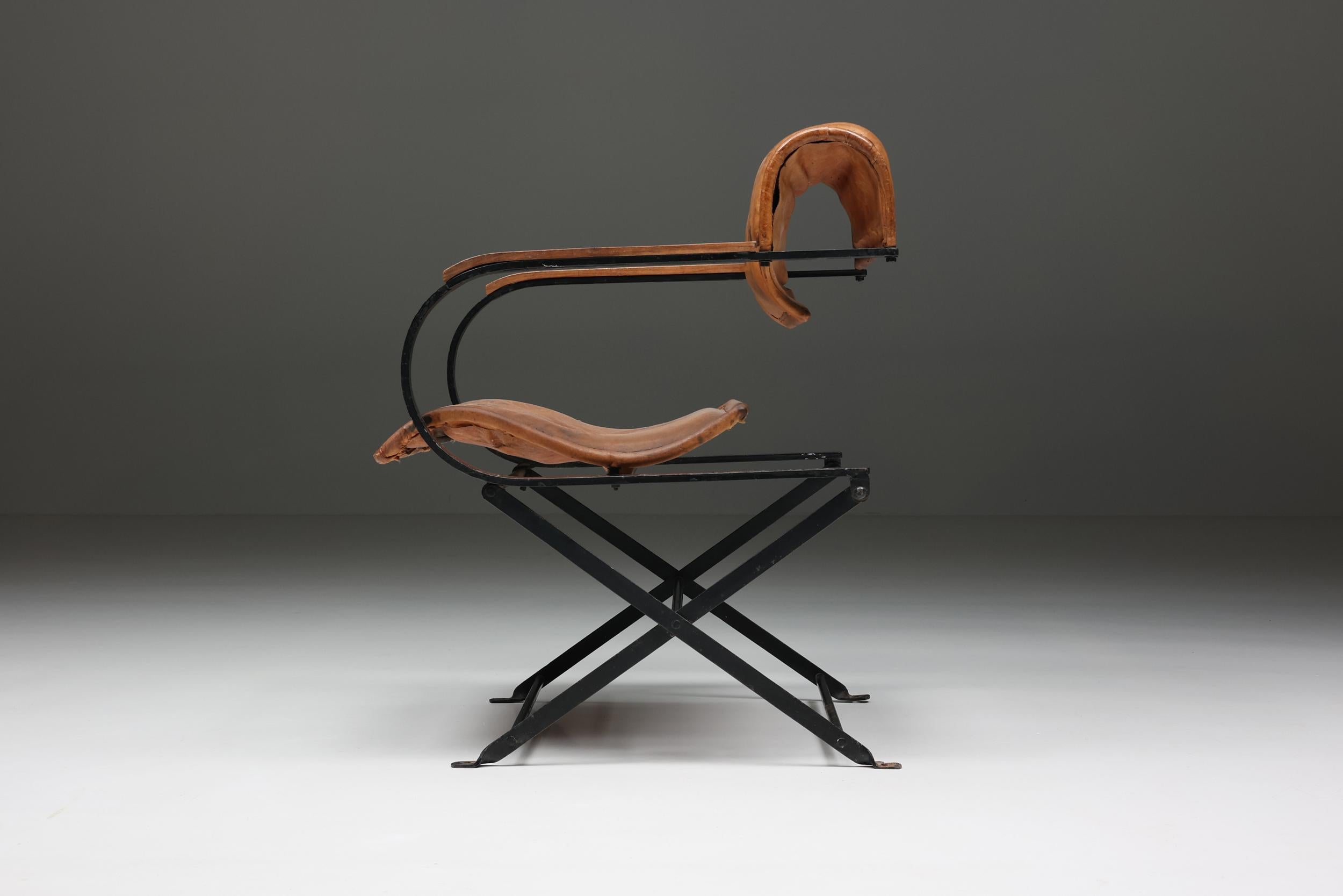Belgian Industrial, Postmodern Leather & Metal Armchair, Patina, Organic, Static, 1990's
