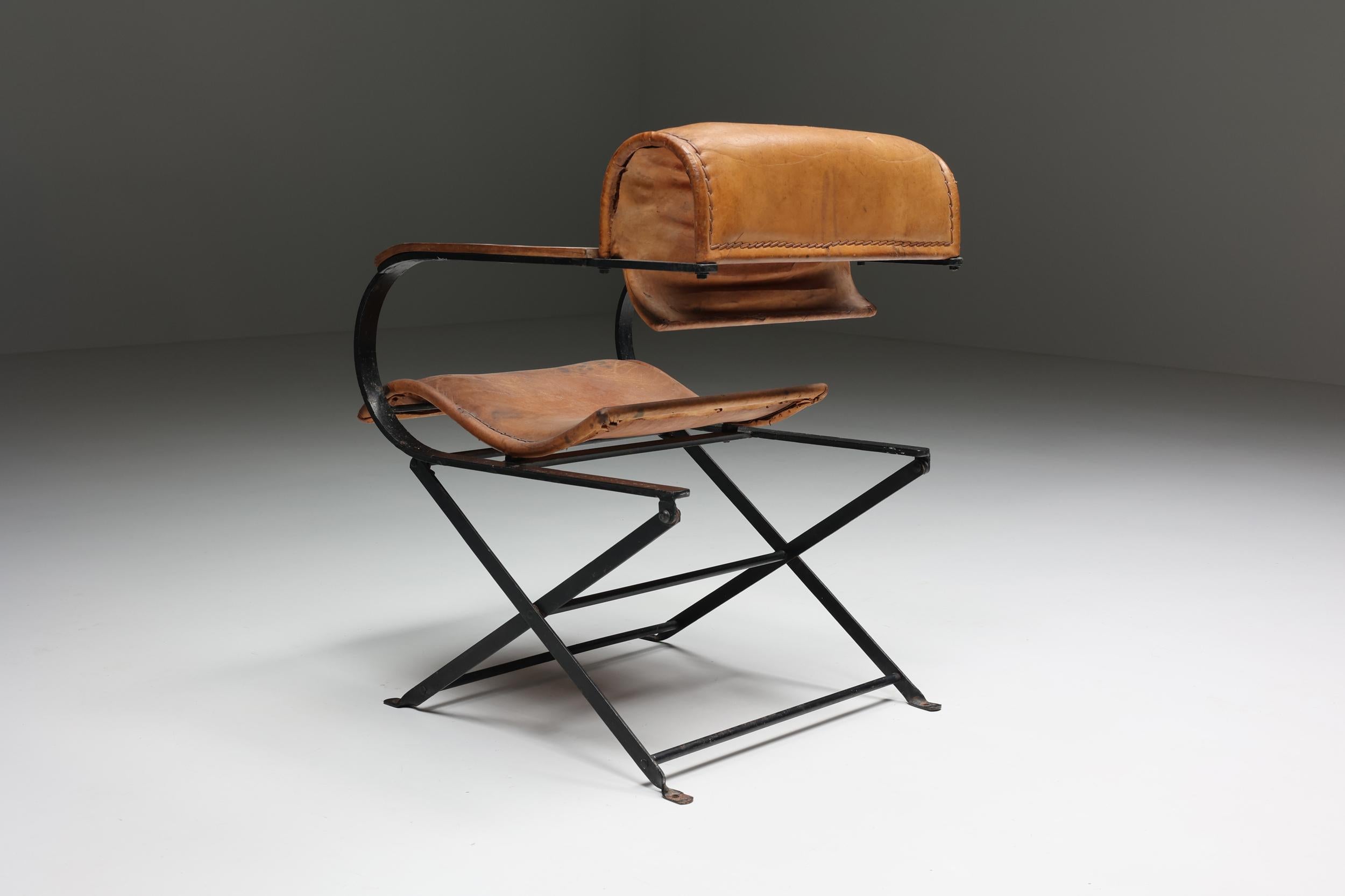 Late 20th Century Industrial, Postmodern Leather & Metal Armchair, Patina, Organic, Static, 1990's