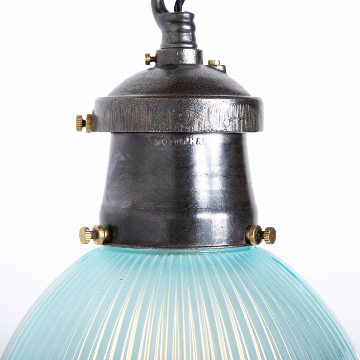 Industrial Prismatic Blue Frosted Glass & Cast Iron Pendant Lights by Holophane For Sale 3