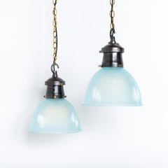 Industrial Prismatic Blue Frosted Glass & Cast Iron Pendant Lights by Holophane