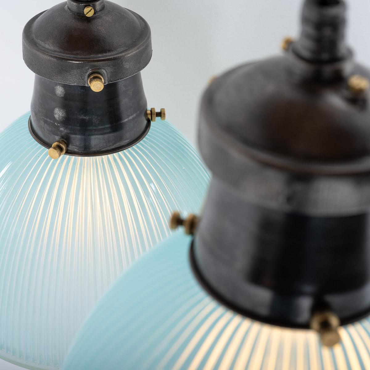 Industrial Prismatic Blue Frosted Glass & Cast Iron Pendant Lights by Holophane In Good Condition For Sale In Nottingham, GB