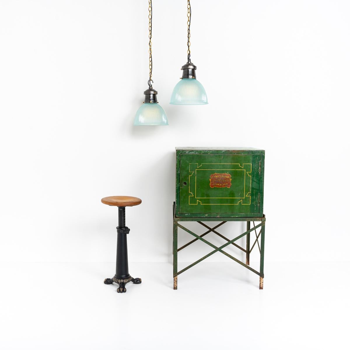 Early 20th Century Industrial Prismatic Blue Frosted Glass & Cast Iron Pendant Lights by Holophane For Sale