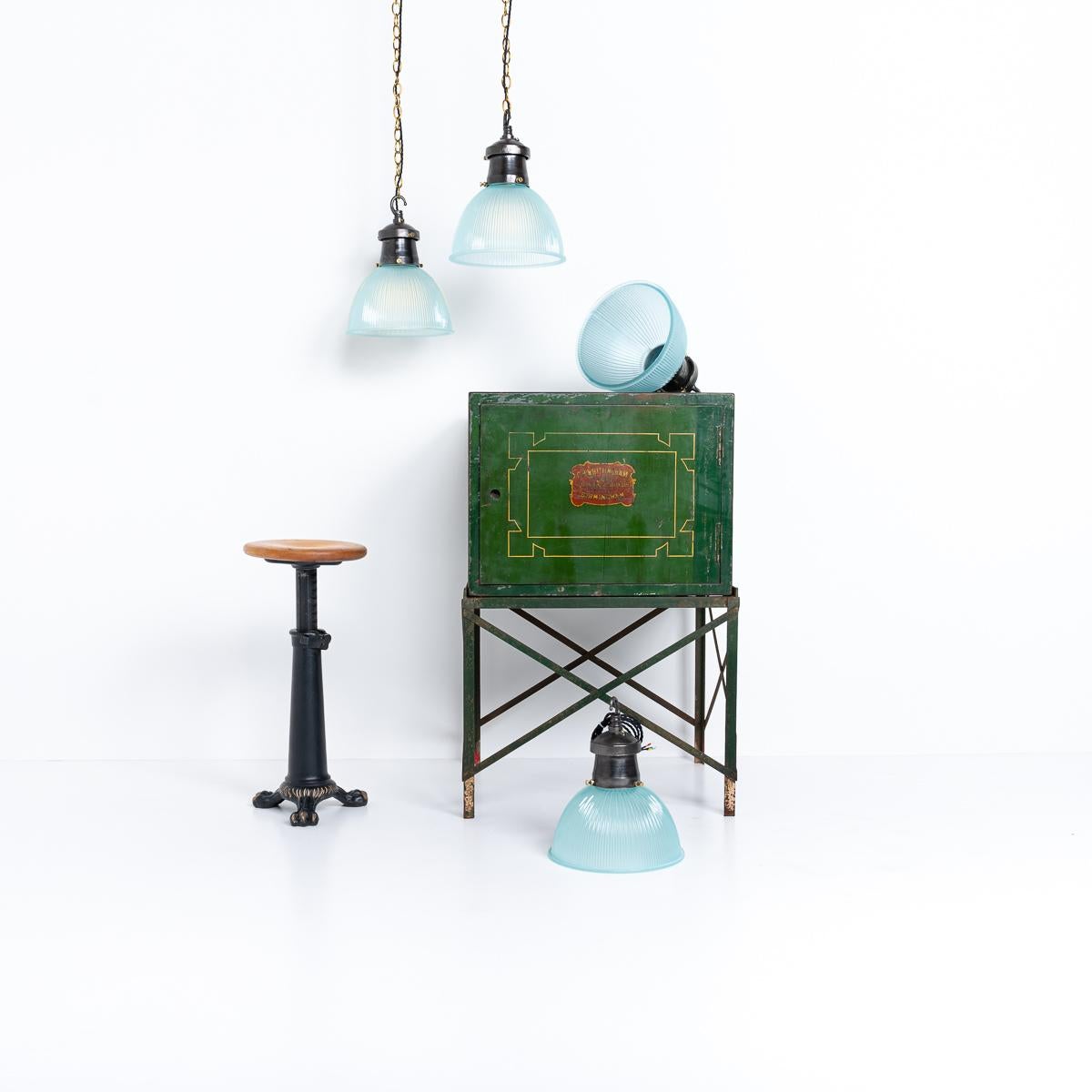 Steel Industrial Prismatic Blue Frosted Glass & Cast Iron Pendant Lights by Holophane For Sale