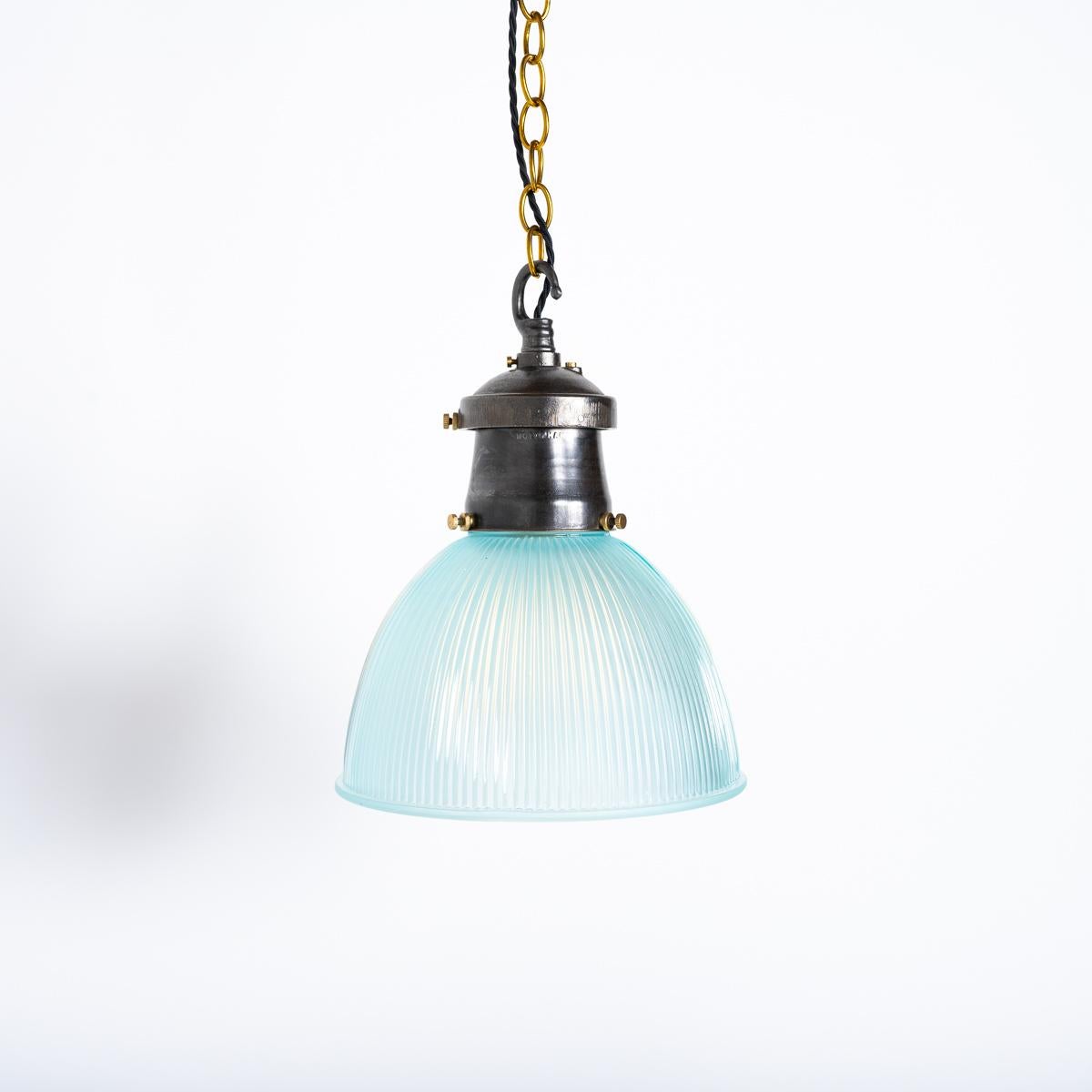 Industrial Prismatic Blue Frosted Glass & Cast Iron Pendant Lights by Holophane For Sale 2