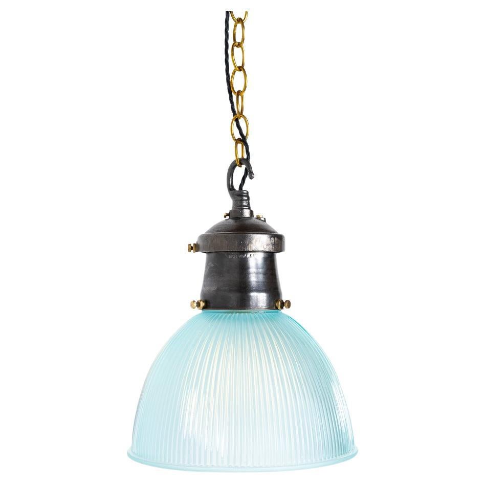Industrial Prismatic Blue Frosted Glass & Cast Iron Pendant Lights by Holophane For Sale