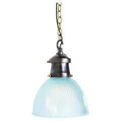 Used Industrial Prismatic Blue Frosted Glass & Cast Iron Pendant Lights by Holophane