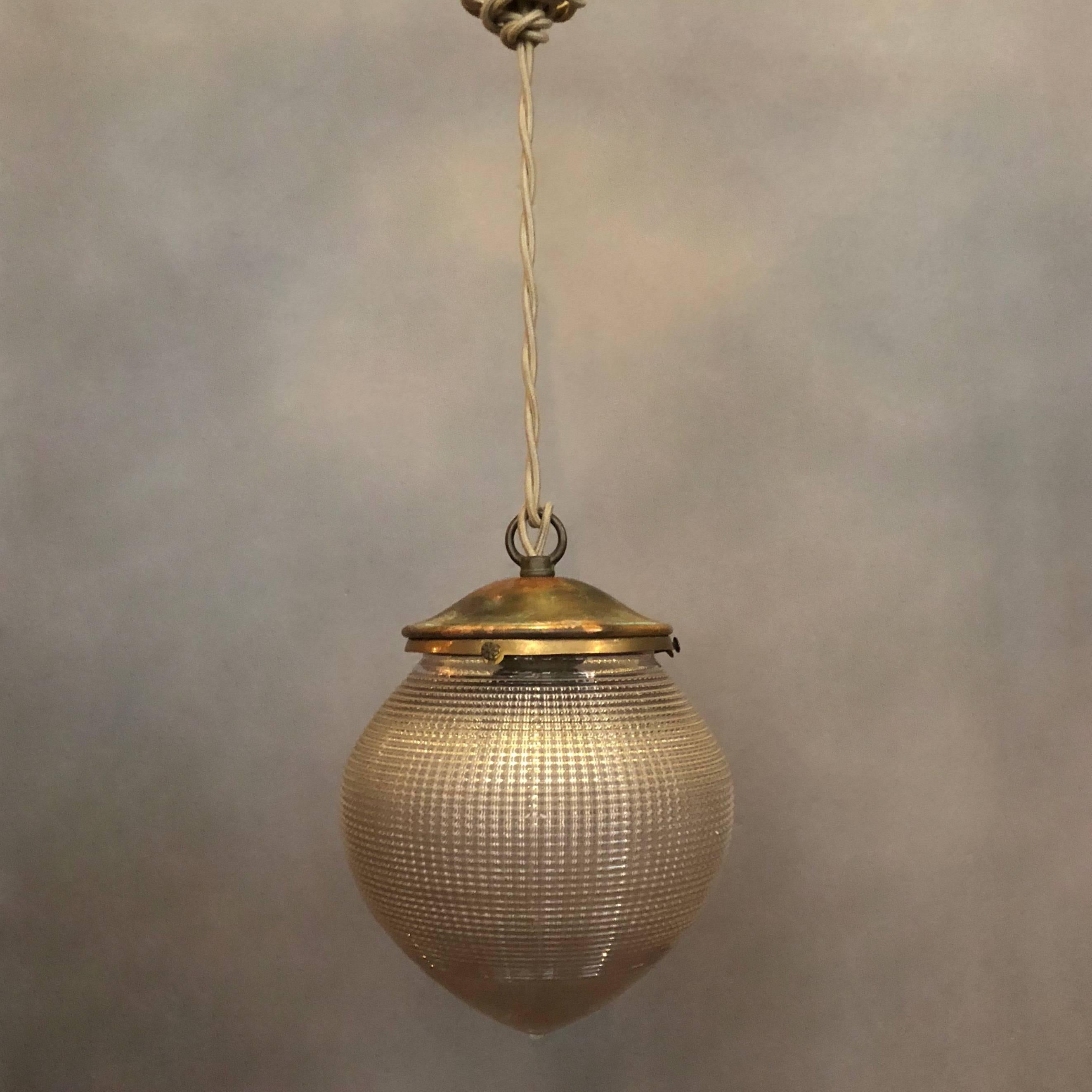 American Industrial Prismatic Holophane Glass Acorn Pendant Light