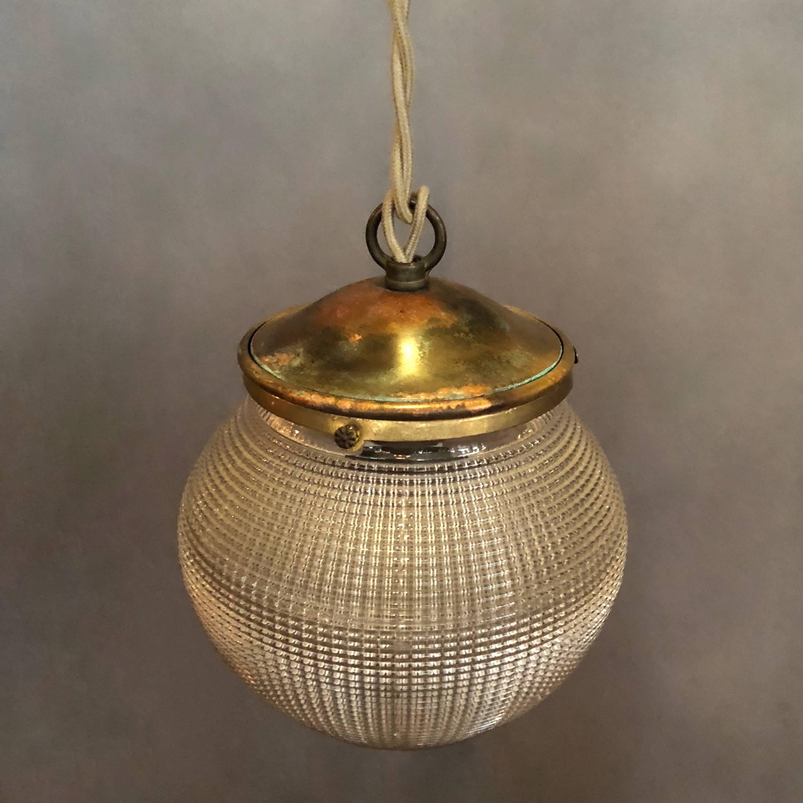 Mid-20th Century Industrial Prismatic Holophane Glass Acorn Pendant Light