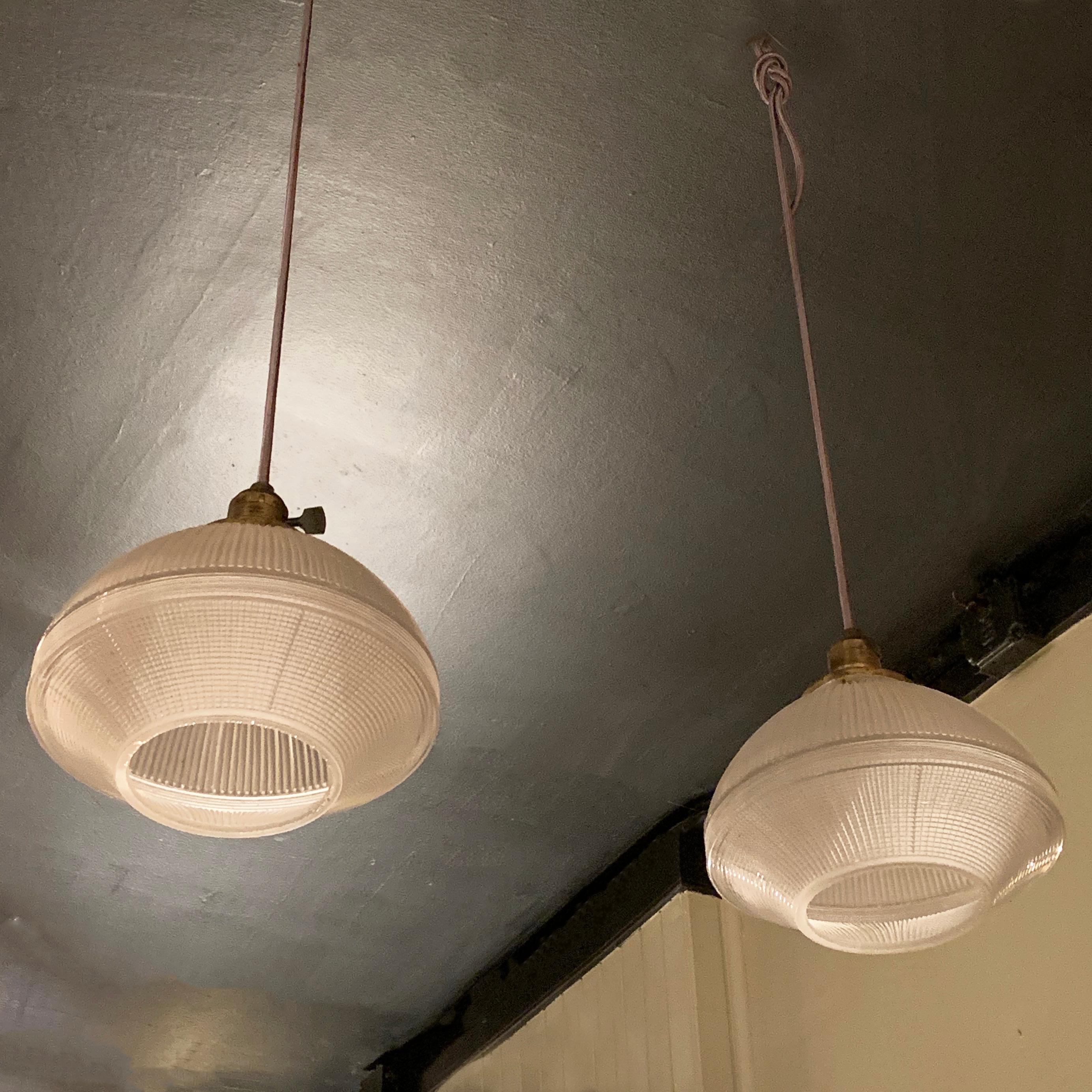 Industrial Prismatic Holophane Glass Factory Pendant Lights In Good Condition In Brooklyn, NY