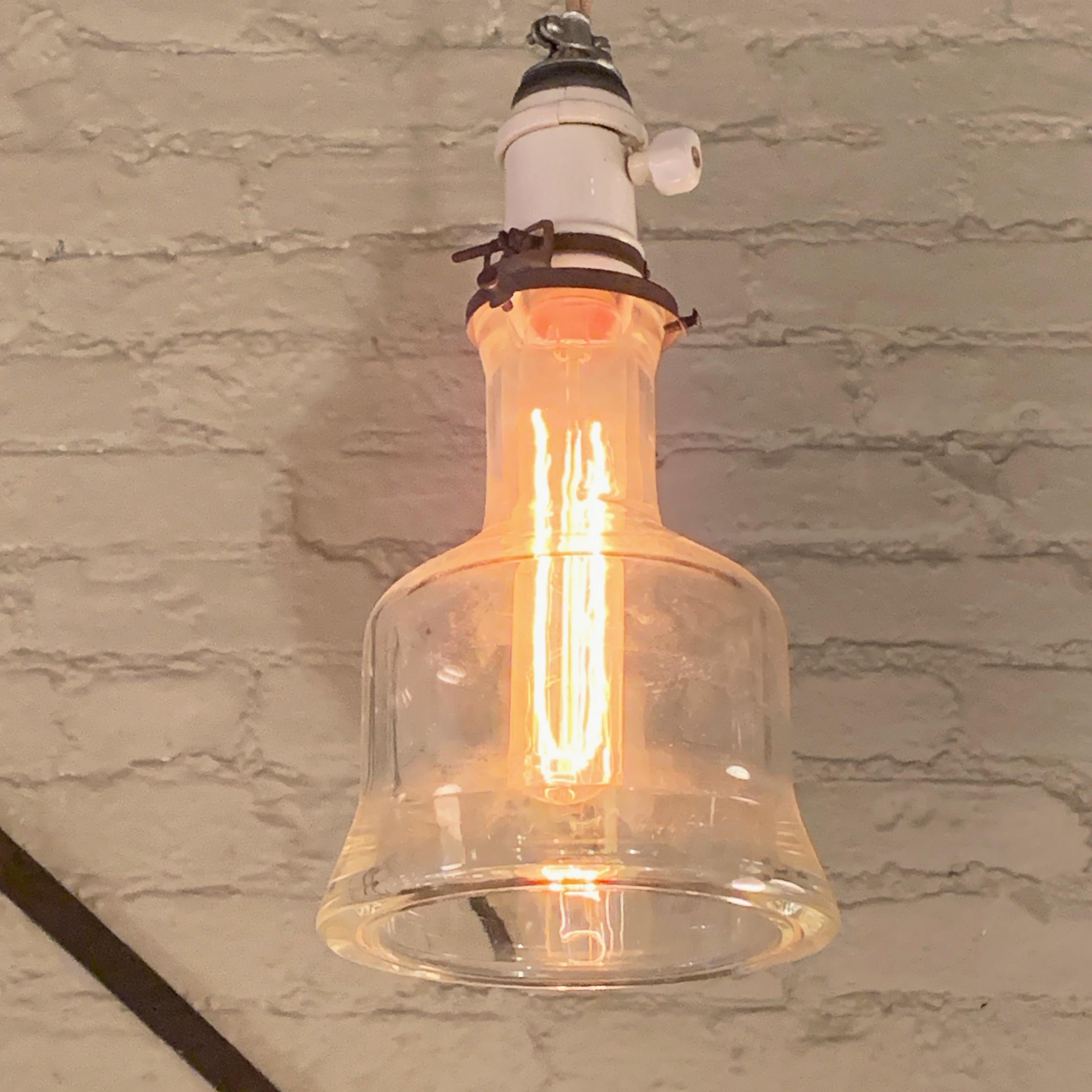 American Industrial Pyrex Glass and Porcelain Pendant Light For Sale
