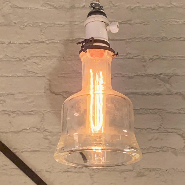 Industrial Pyrex Glass and Porcelain Pendant Light In Good Condition For Sale In Brooklyn, NY