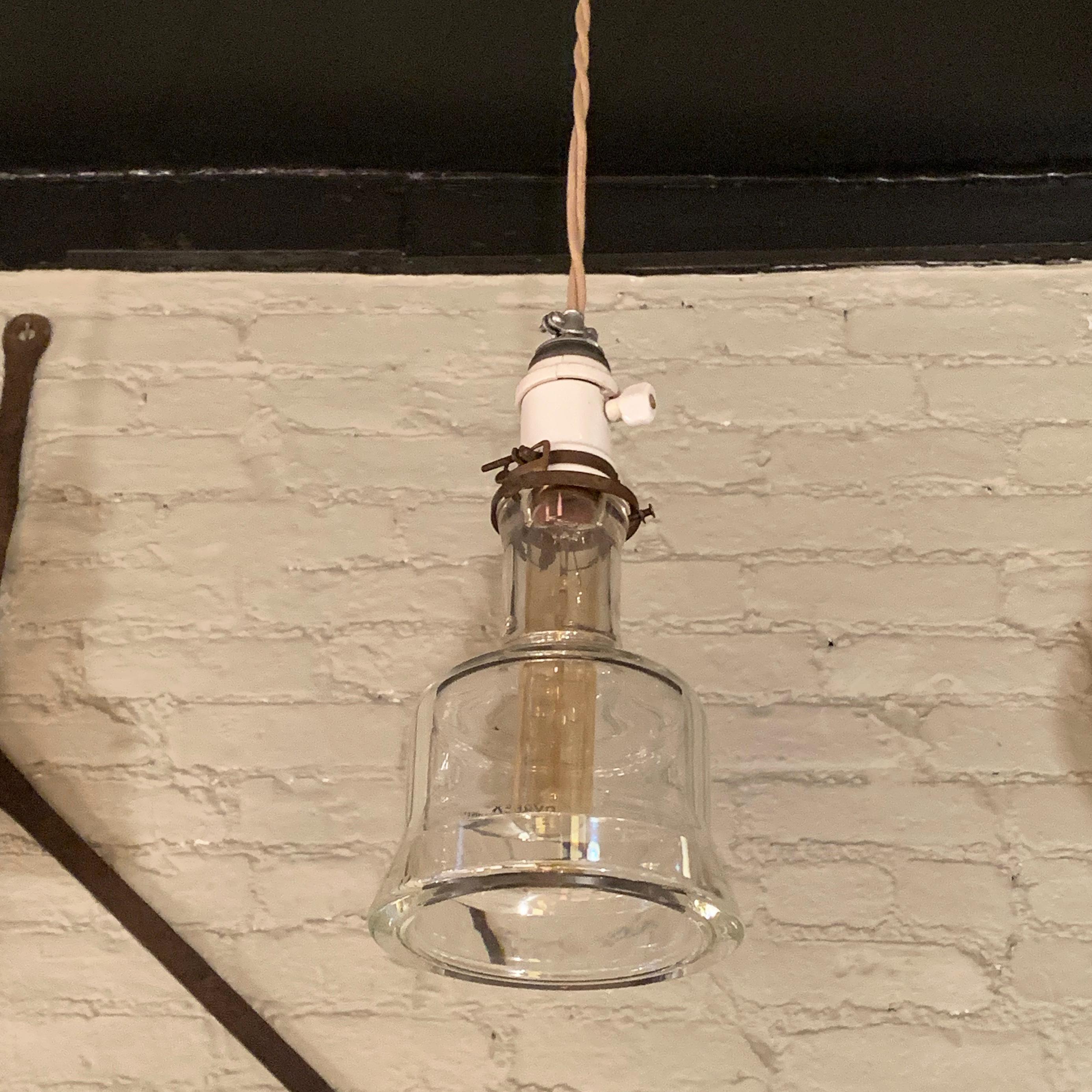 Industrial Pyrex Glass and Porcelain Pendant Light In Good Condition For Sale In Brooklyn, NY