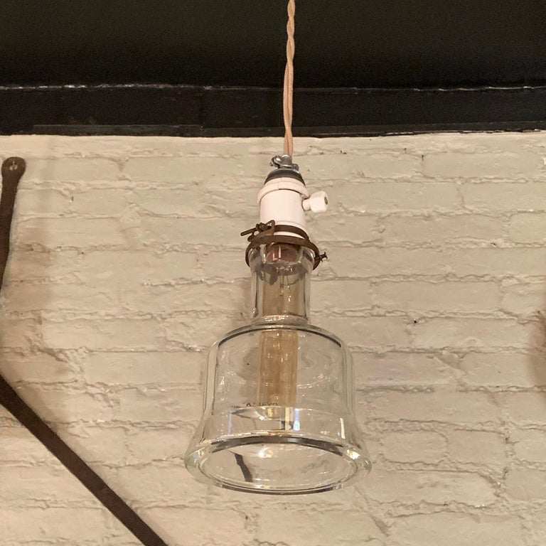 20th Century Industrial Pyrex Glass and Porcelain Pendant Light For Sale
