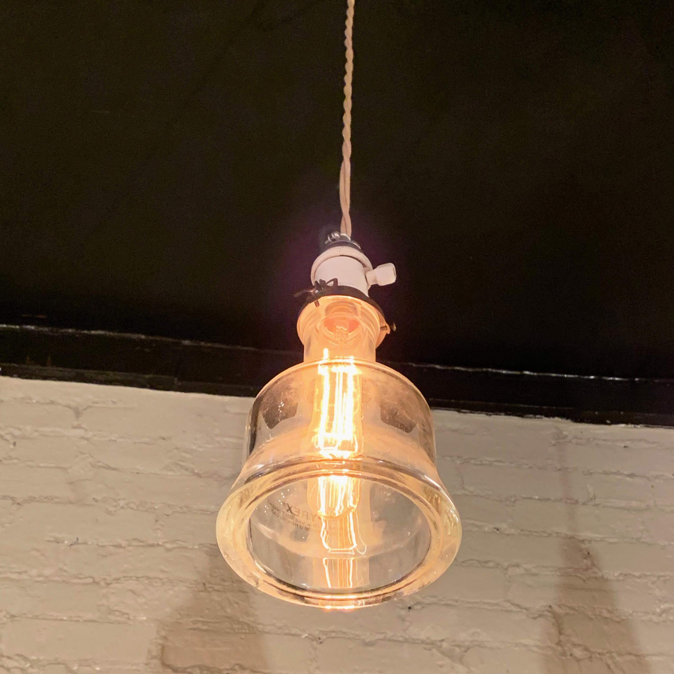 20th Century Industrial Pyrex Glass and Porcelain Pendant Light For Sale