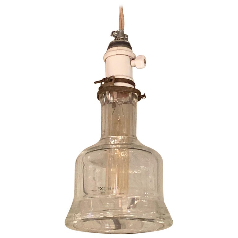 Industrial Pyrex Glass and Porcelain Pendant Light For Sale