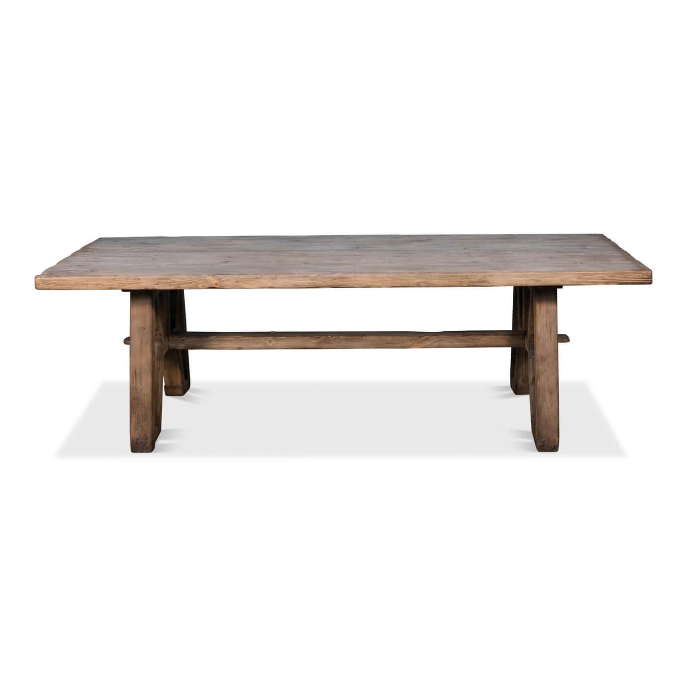 An Industrial modern style reclaimed wood farmhouse table made of old pine beams and planks and given a natural finish. 

Dimensions: 98