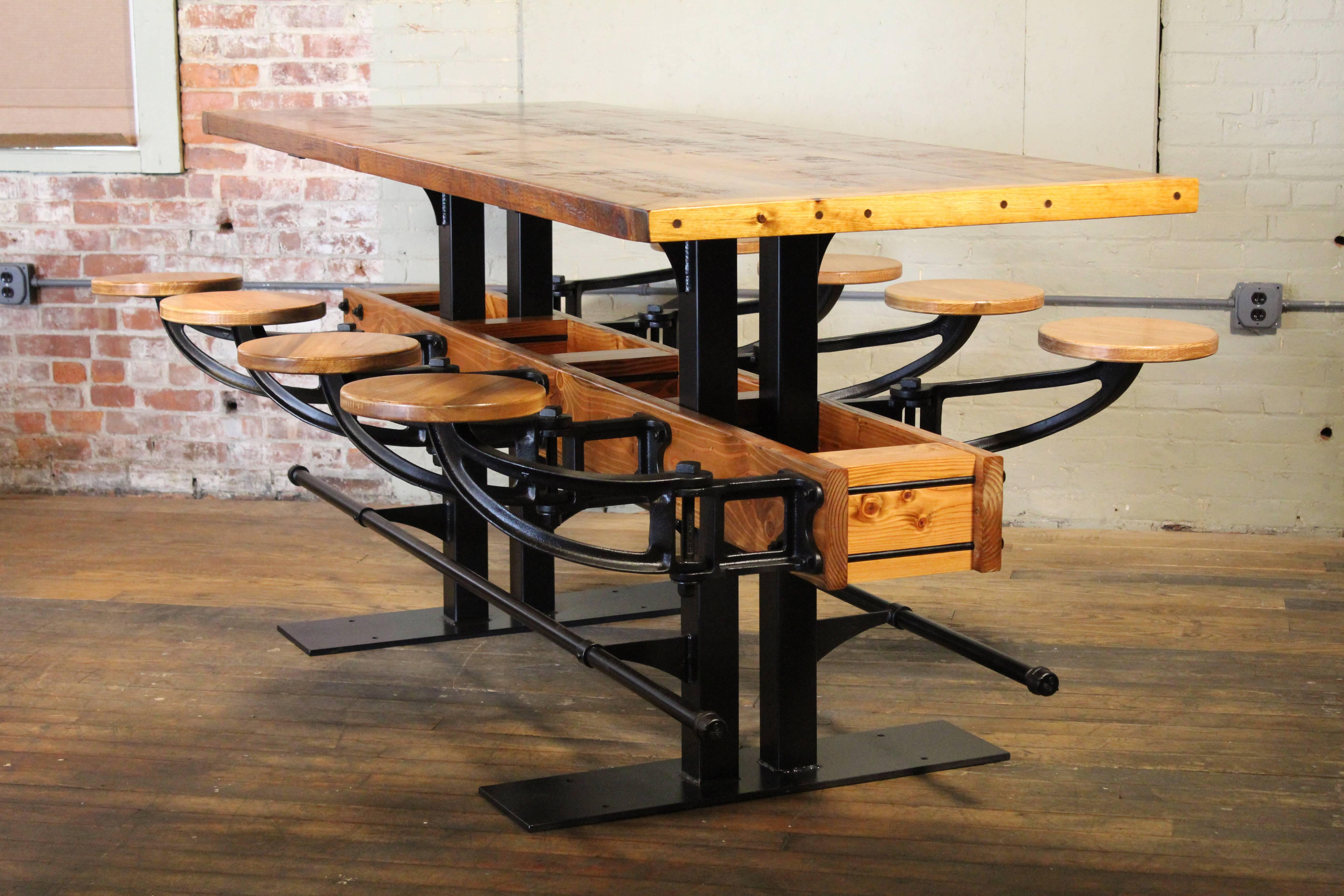Steel Industrial Restaurant Pub Table with Hideaway Seats For Sale