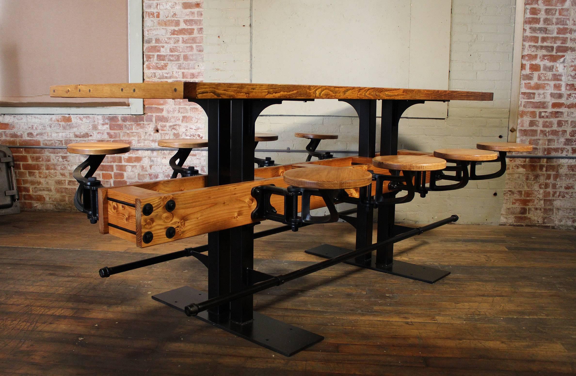 Cast Industrial Restaurant Pub Table with Hideaway Seats For Sale