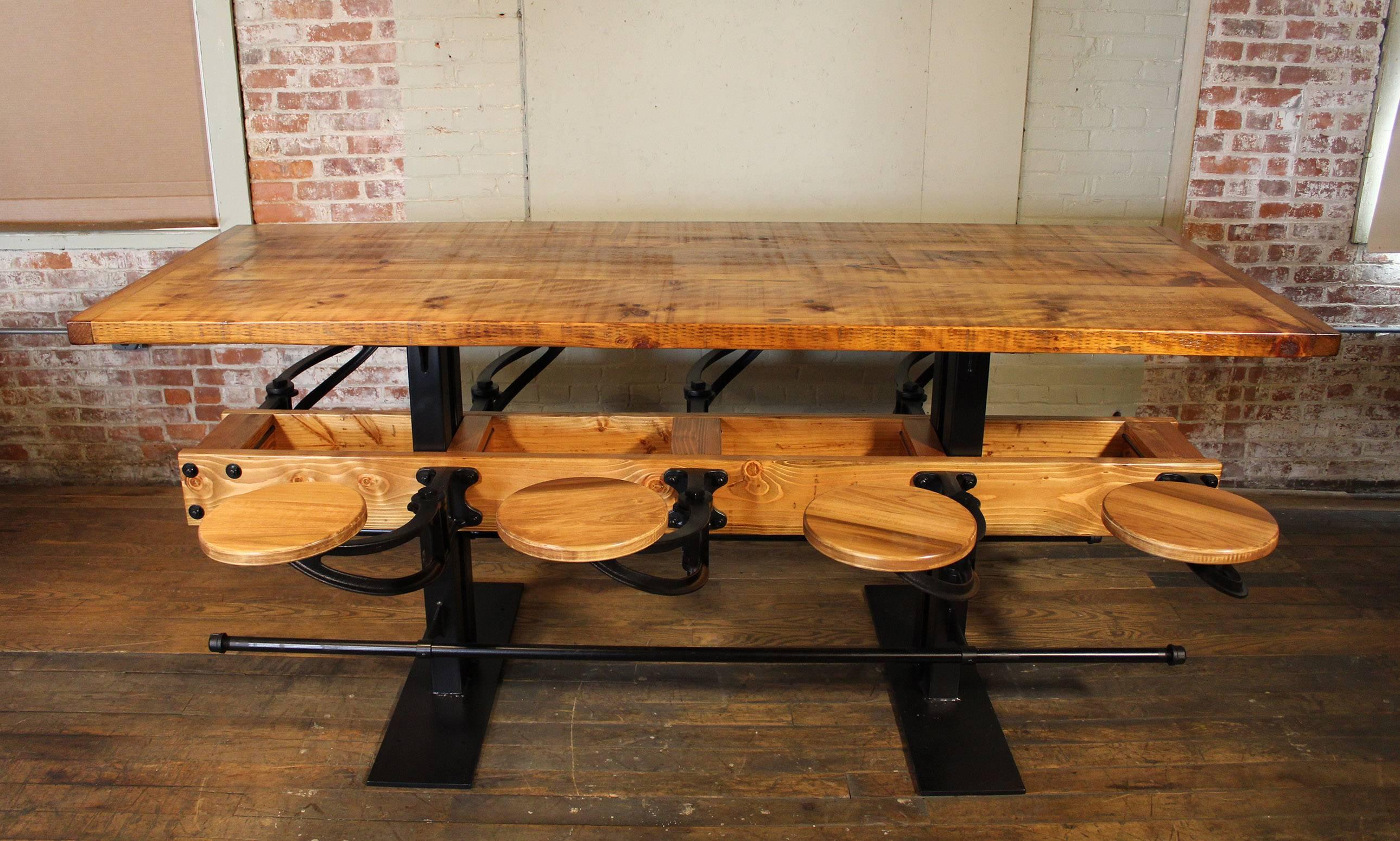 Industrial Restaurant Pub Table with Hideaway Seats In Excellent Condition For Sale In Oakville, CT