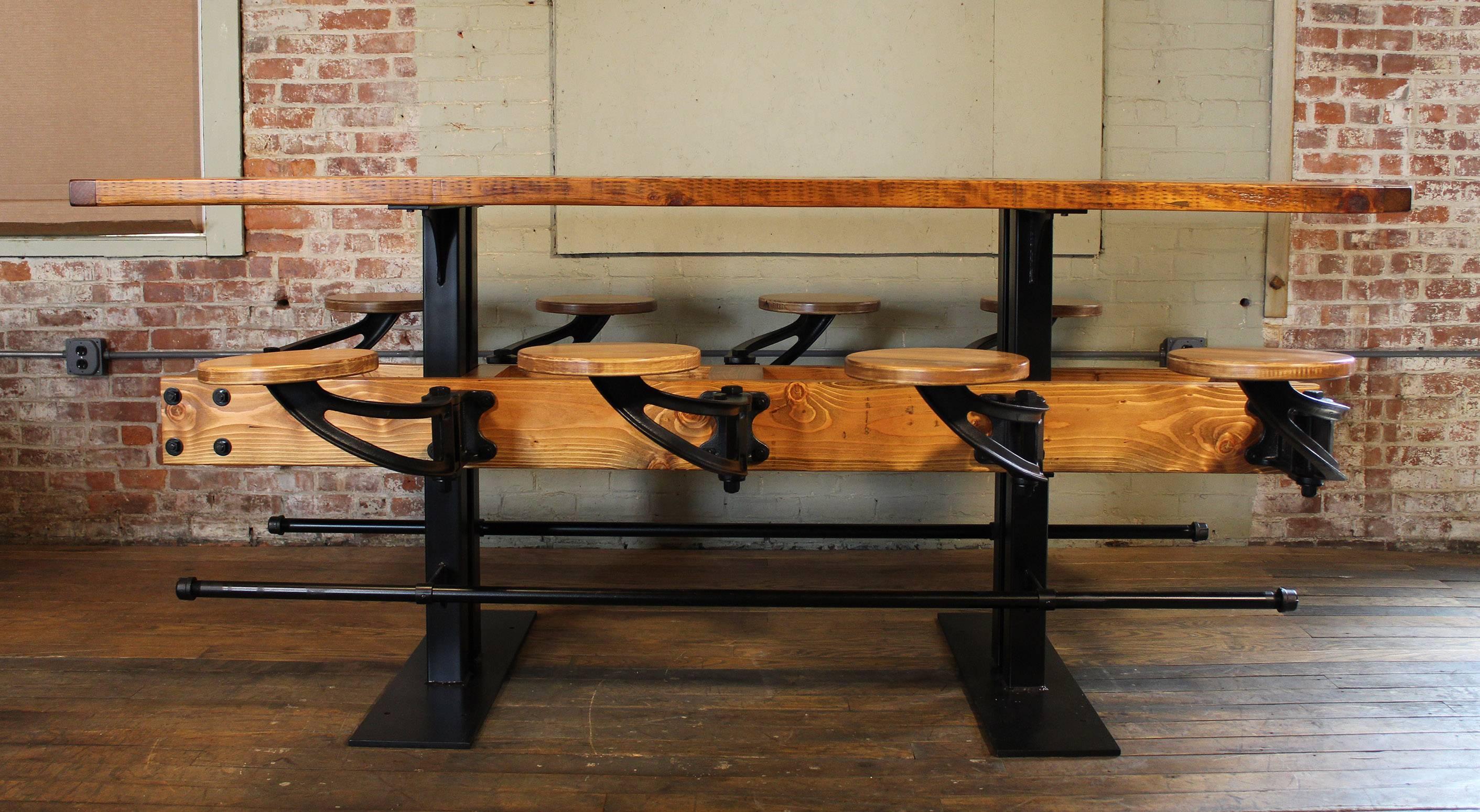 Contemporary Industrial Restaurant Pub Table with Hideaway Seats For Sale