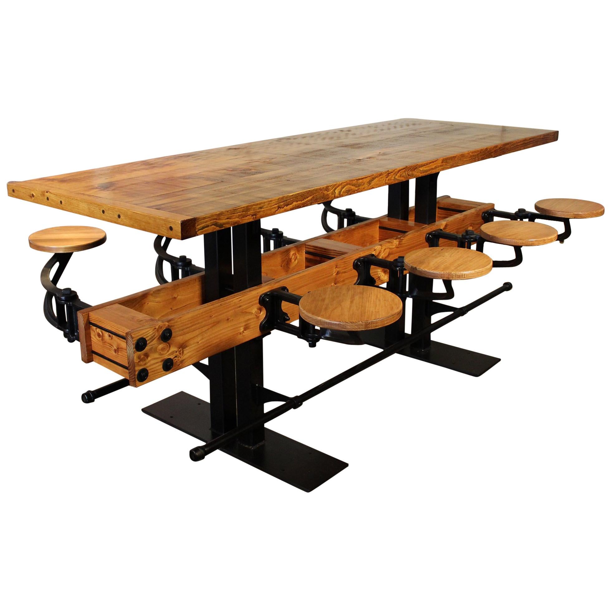Industrial Restaurant Pub Table with Hideaway Seats For Sale