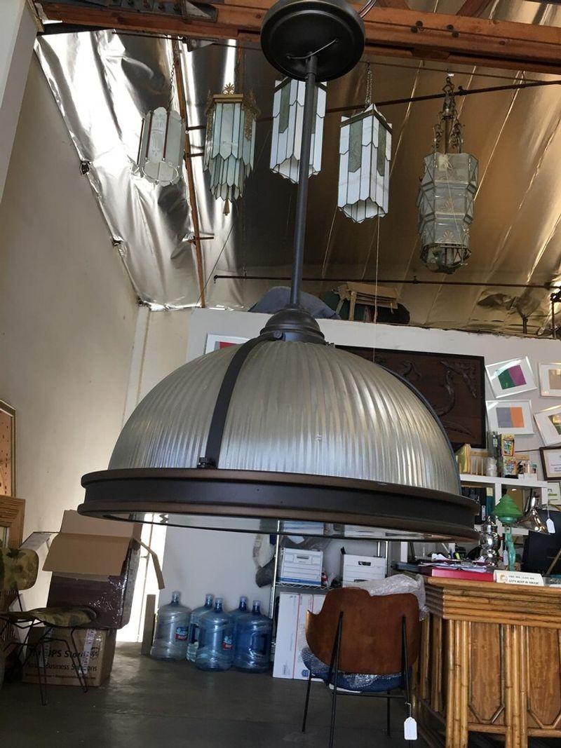 Industrial Ribbed Pendant Lamp Holophane Style Pair In Excellent Condition For Sale In Van Nuys, CA