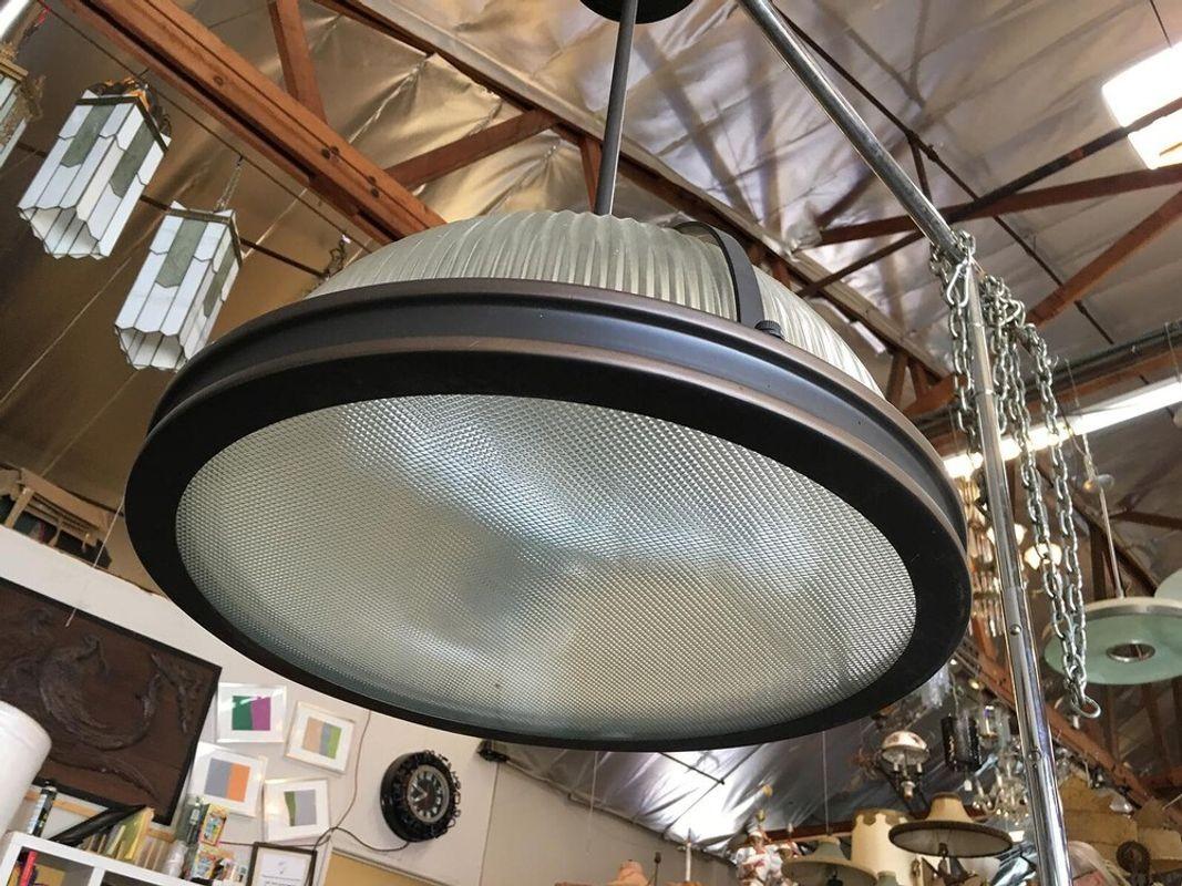 Late 20th Century Industrial Ribbed Pendant Lamp Holophane Style Pair For Sale