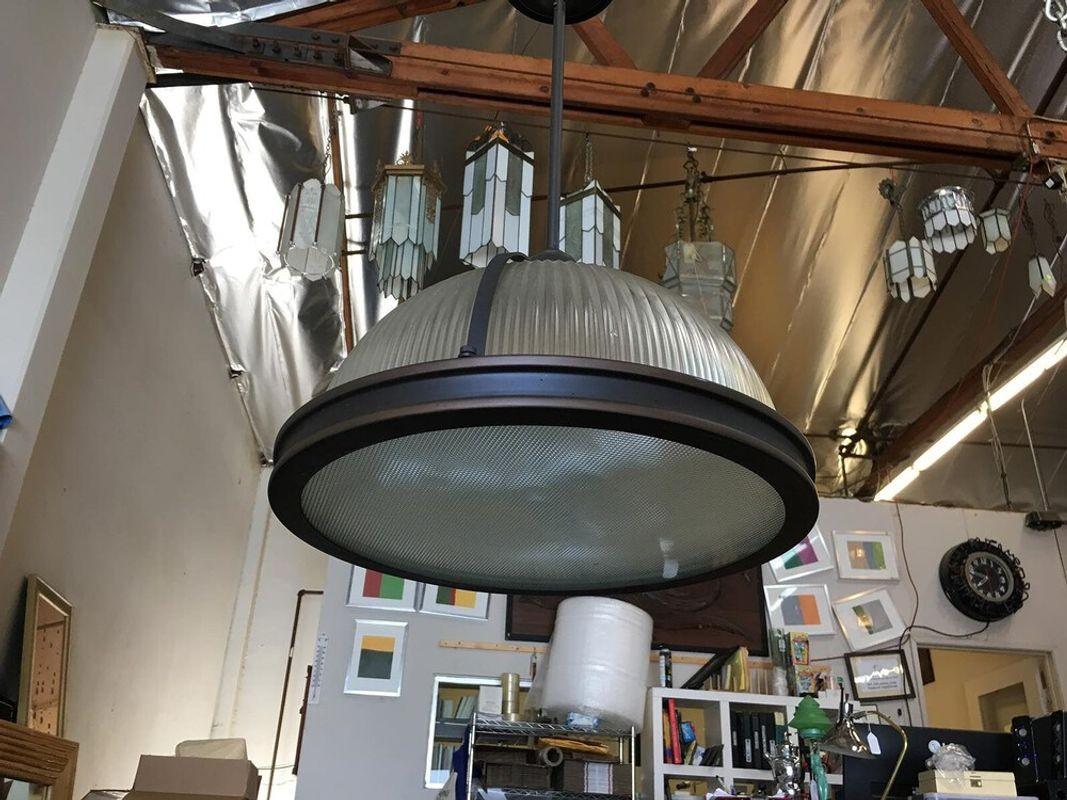 Industrial Ribbed Pendant Lamp Holophane Style Pair For Sale 4