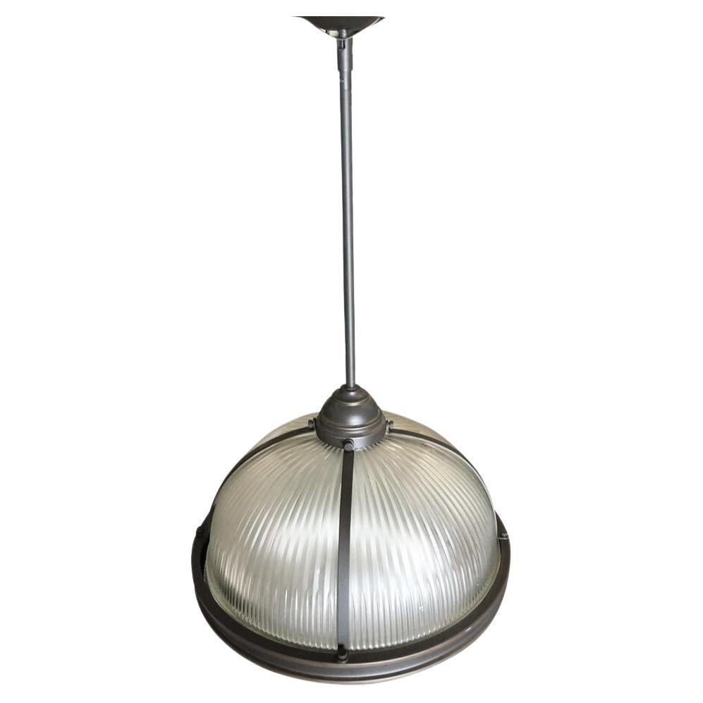 Industrial Ribbed Pendant Lamp Holophane Style Pair For Sale