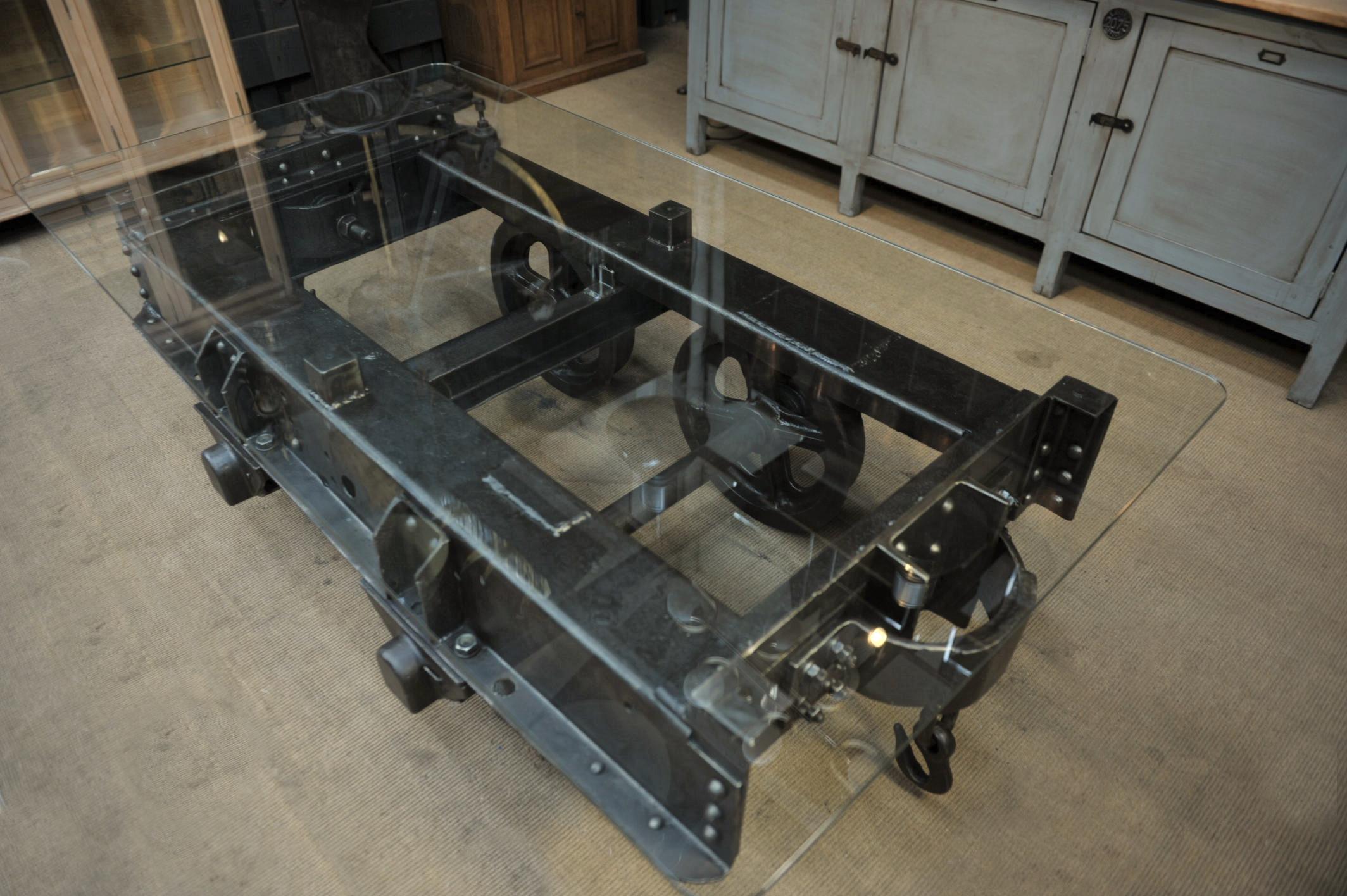 French Industrial Riveted Iron Wagon Coffee Table, 1900