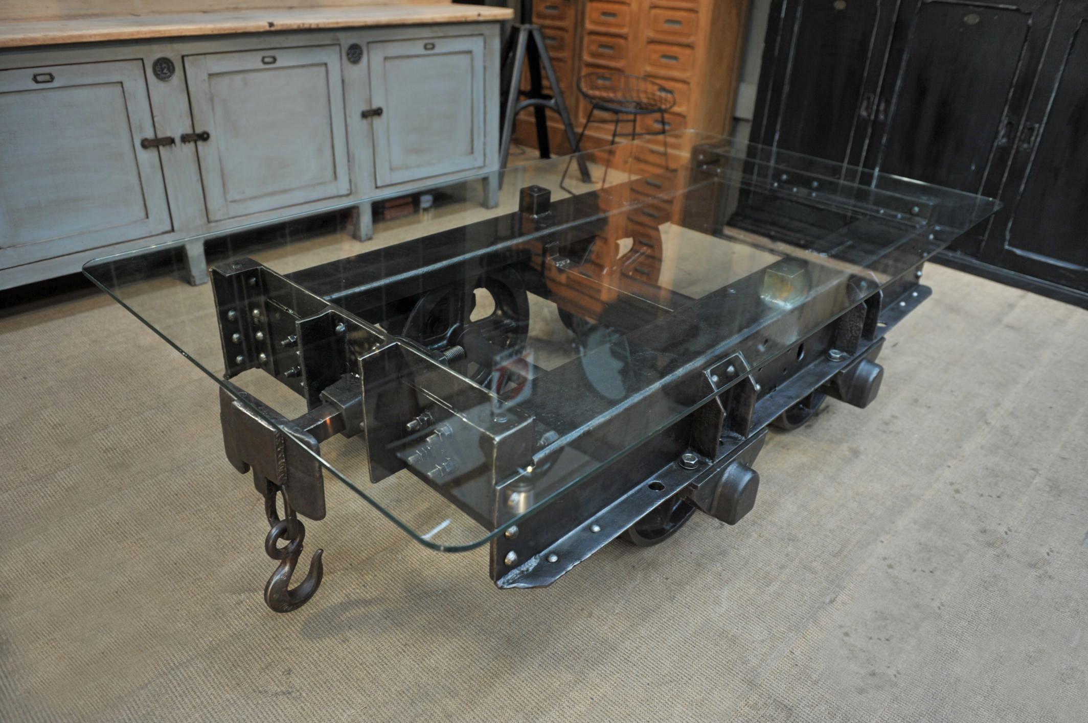 Tempered Industrial Riveted Iron Wagon Coffee Table, 1900