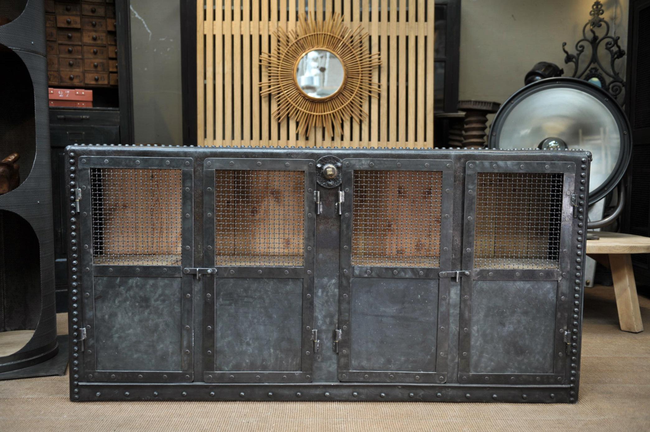 French Industrial Riveted Metal 4 Mesh Doors Cabinet For Sale