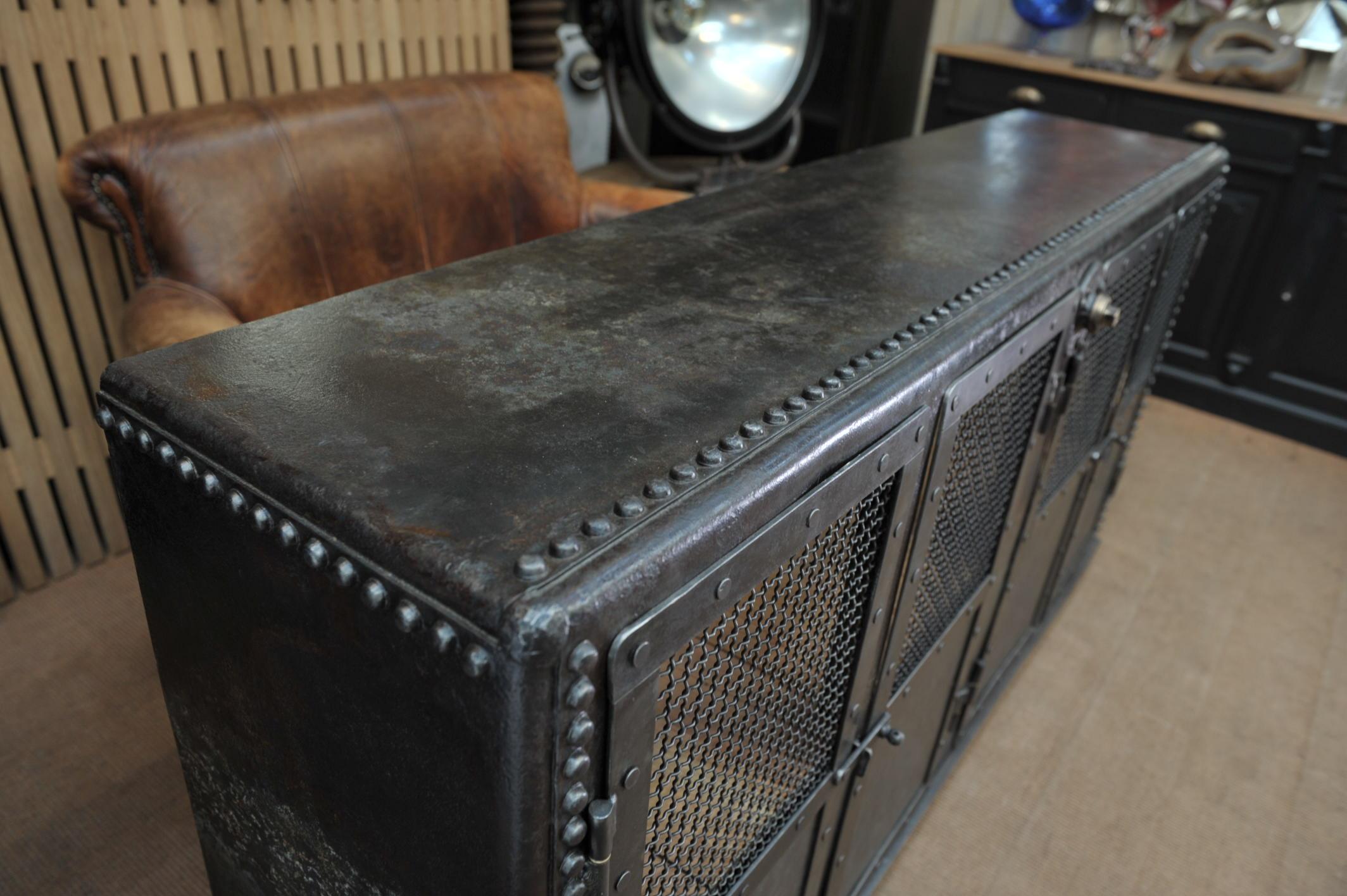 Industrial Riveted Metal 4 Mesh Doors Cabinet In Good Condition For Sale In Roubaix, FR